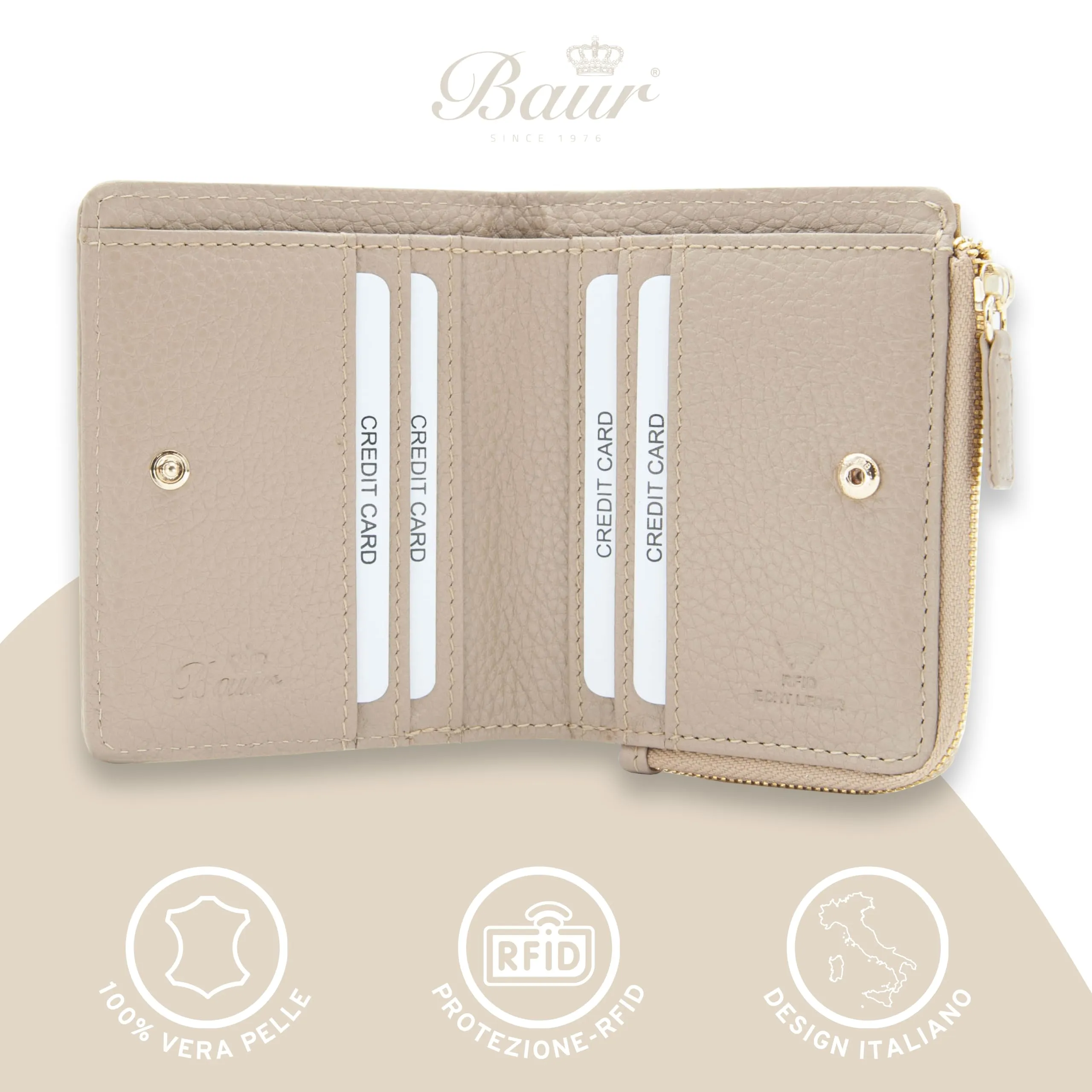Baur portafoglio da donna piccolo – vera pelle con protezione RFID – portafoglio con 7 scomparti carte – chiusura bottone a pressione e tasca portamonete con cerniera (Cerniera oro, Talpa) - immagine 2