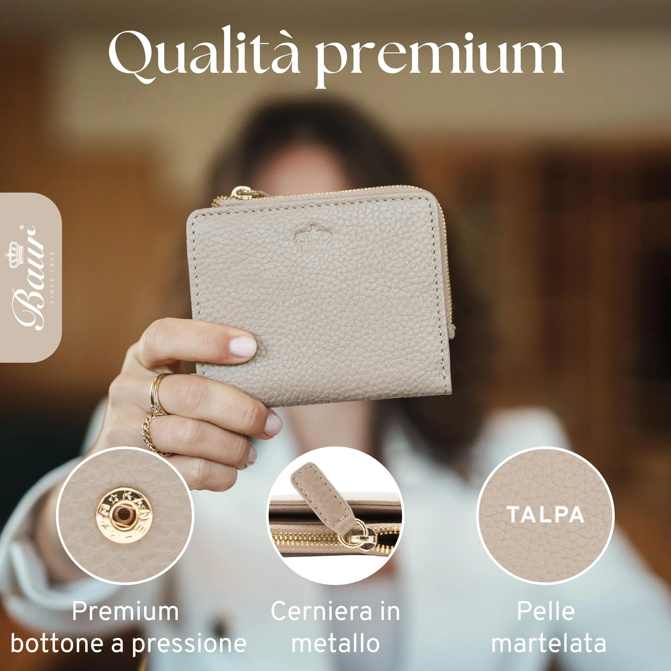 Baur portafoglio da donna piccolo – vera pelle con protezione RFID – portafoglio con 7 scomparti carte – chiusura bottone a pressione e tasca portamonete con cerniera (Cerniera oro, Talpa) - immagine 4