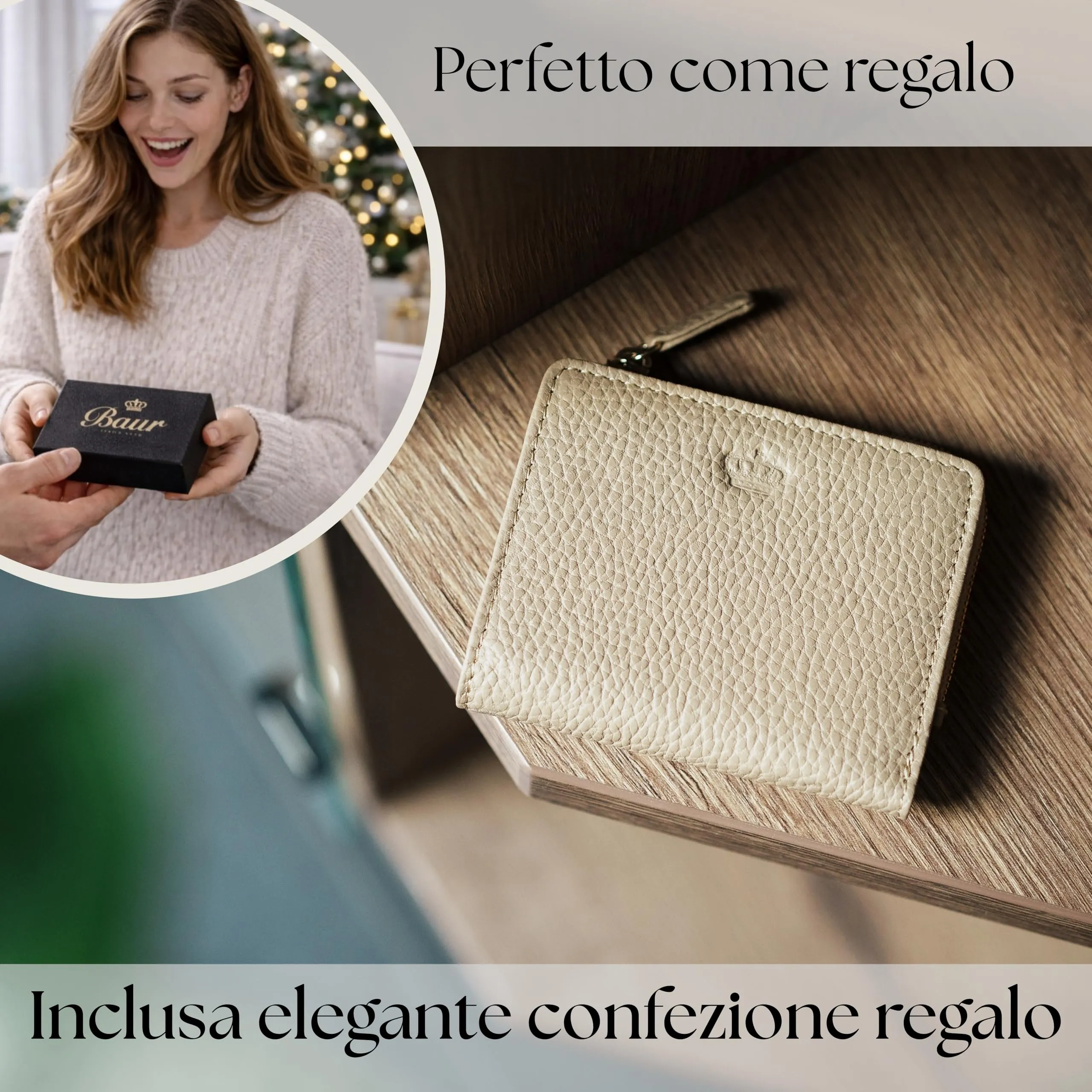 Baur portafoglio da donna piccolo – vera pelle con protezione RFID – portafoglio con 7 scomparti carte – chiusura bottone a pressione e tasca portamonete con cerniera (Cerniera oro, Talpa) - immagine 6