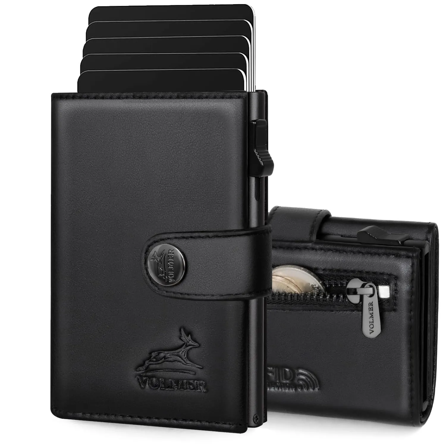 FA.Volmer Kleines Münzfach, porta carte pop-up con scomparto portamonete in vera pelle per uomo e donna, 12 carte, protezione RFID, portafoglio VO45, nero, Kleines Münzfach - immagine 1