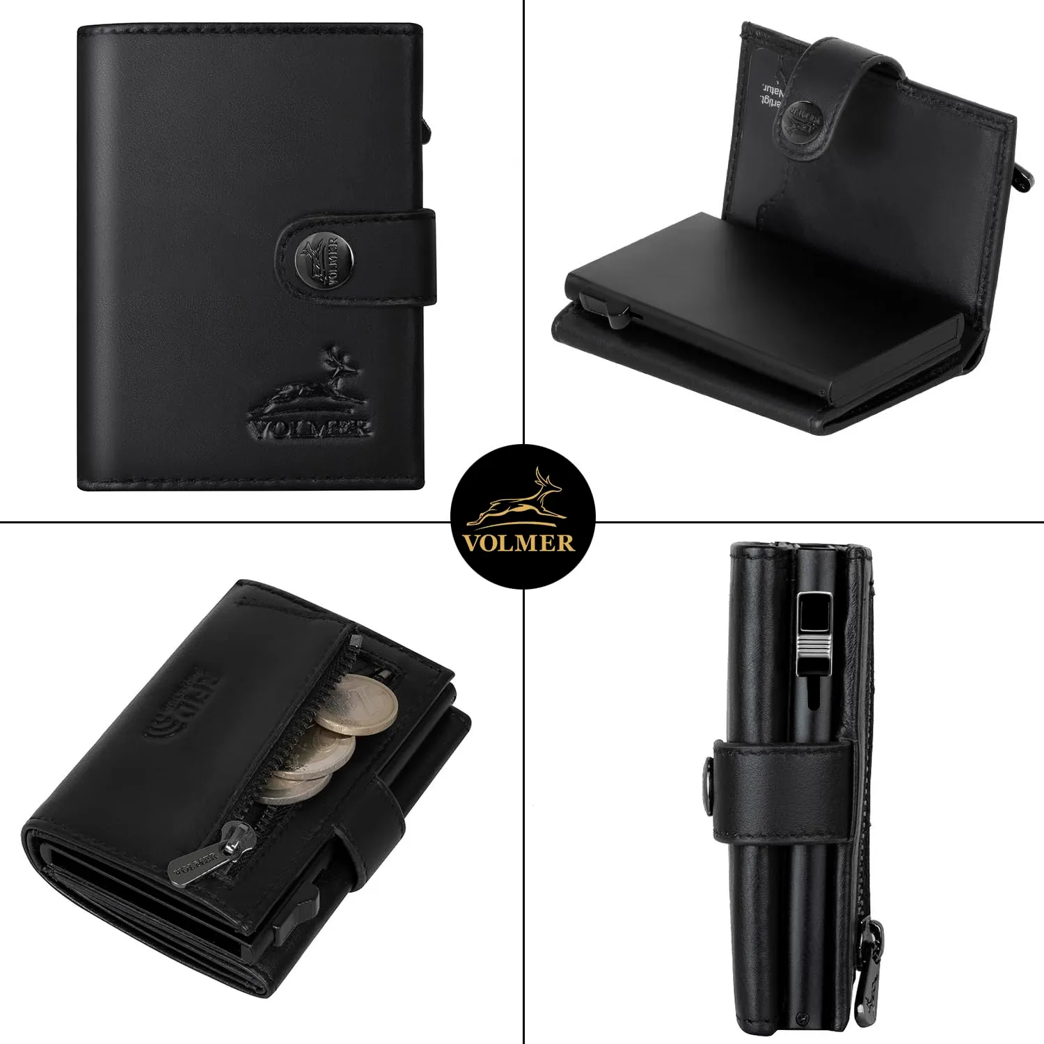 FA.Volmer Kleines Münzfach, porta carte pop-up con scomparto portamonete in vera pelle per uomo e donna, 12 carte, protezione RFID, portafoglio VO45, nero, Kleines Münzfach - immagine 3