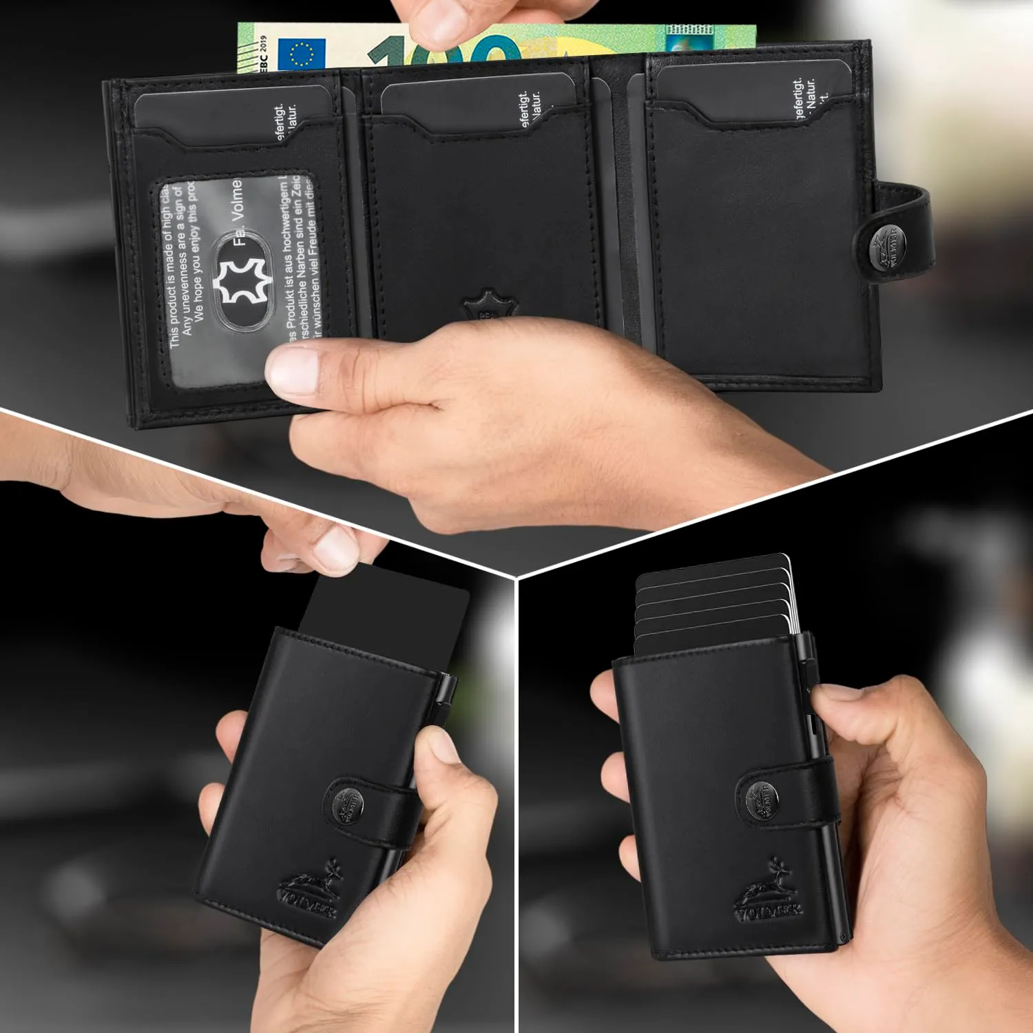 FA.Volmer Kleines Münzfach, porta carte pop-up con scomparto portamonete in vera pelle per uomo e donna, 12 carte, protezione RFID, portafoglio VO45, nero, Kleines Münzfach - immagine 4