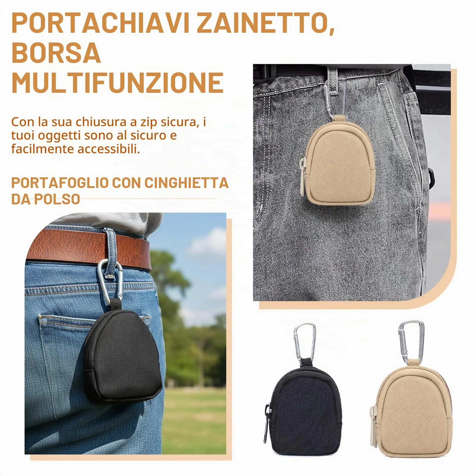 IBXWMNG Set di 2 Portamonete con Moschettone in Tela, Nero e Kaki - immagine 2