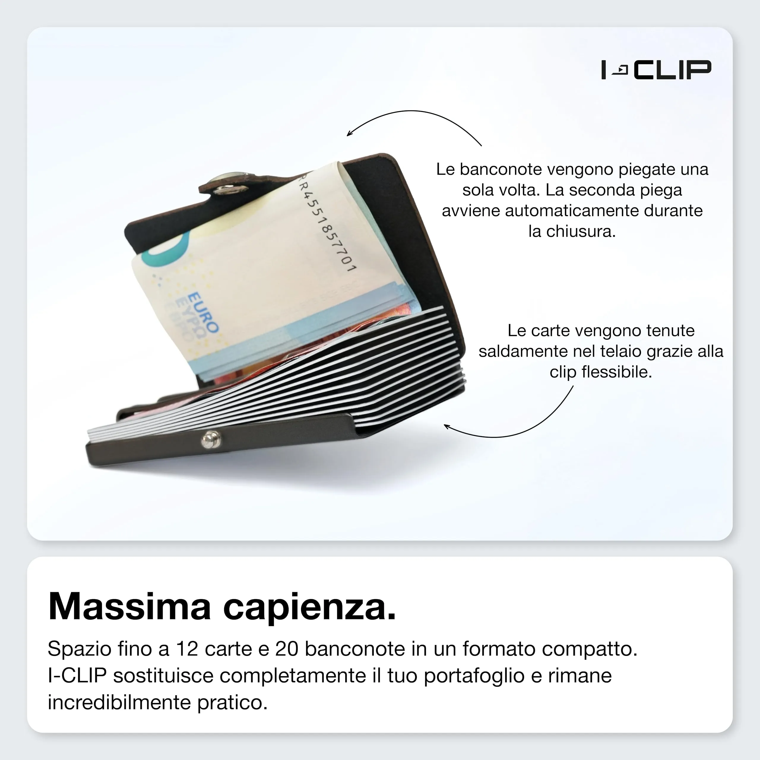 I-CLIP Original Portafoglio Uomo Slim Banconote, Mini Wallet fino a 12 Carte, Pelle Liscia Nero, Telaio Nero - immagine 2