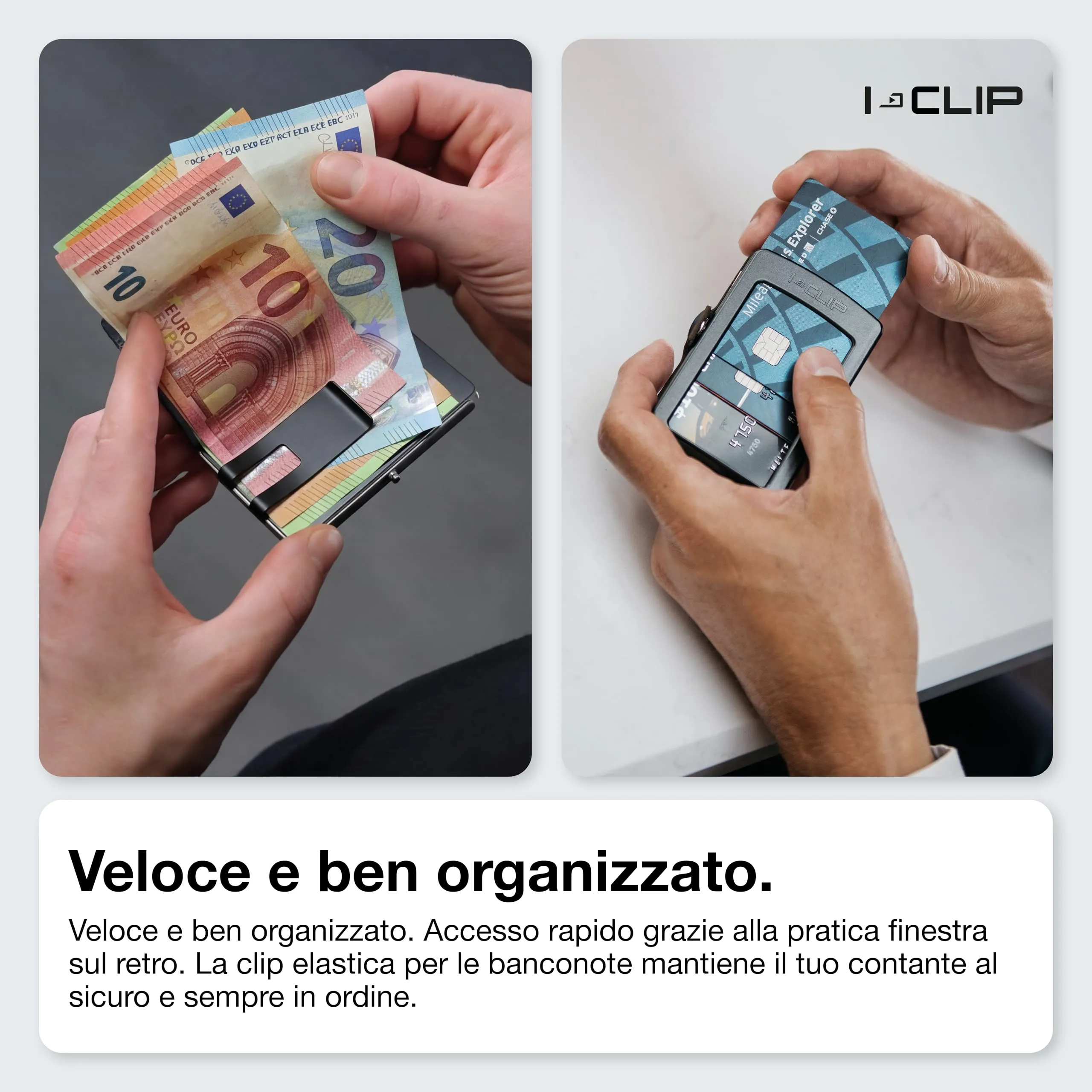I-CLIP Original Portafoglio Uomo Slim Banconote, Mini Wallet fino a 12 Carte, Pelle Liscia Nero, Telaio Nero - immagine 4