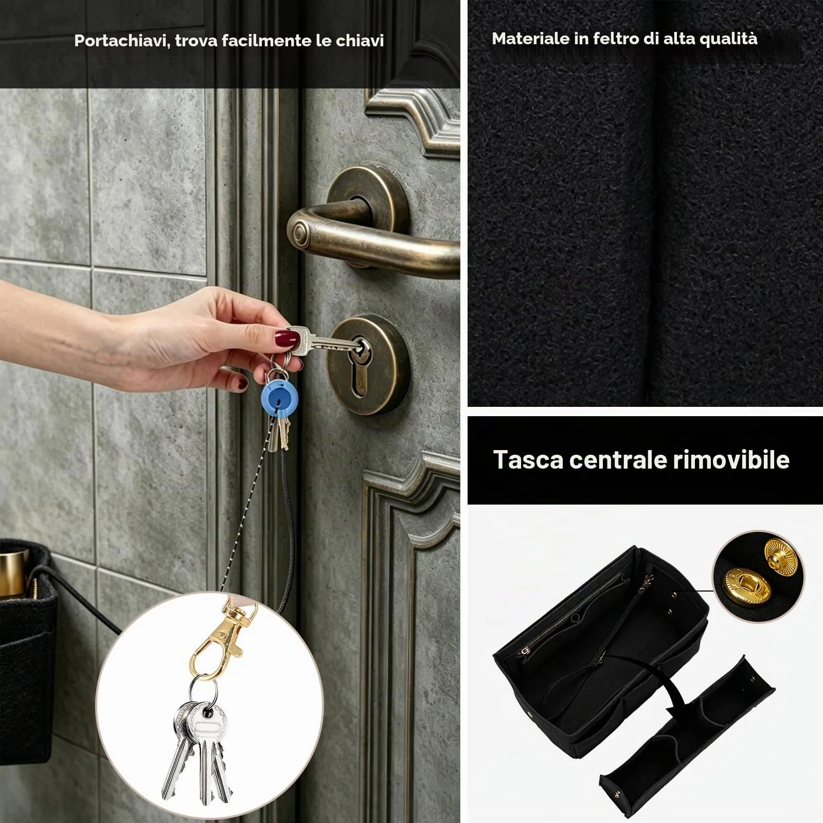 Wotrilw Feltro Organizer da Borsa, Organizzatore di Feltro, Bag in Bag con Catena Chiave, Organizzatore Leggero, con Scomparto Estraibile, Organizer da Borsa Donna - immagine 3