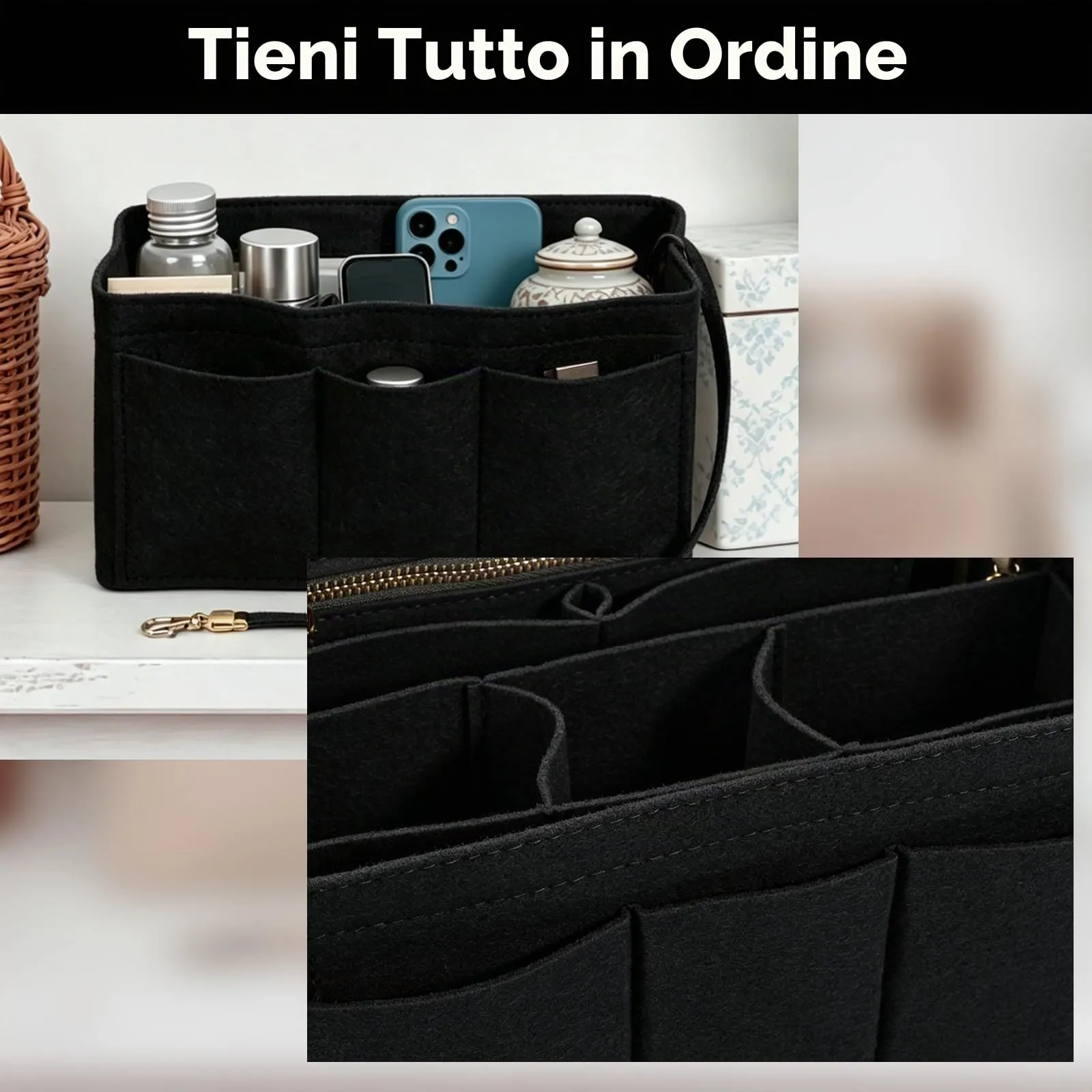 Wotrilw Feltro Organizer da Borsa, Organizzatore di Feltro, Bag in Bag con Catena Chiave, Organizzatore Leggero, con Scomparto Estraibile, Organizer da Borsa Donna - immagine 5
