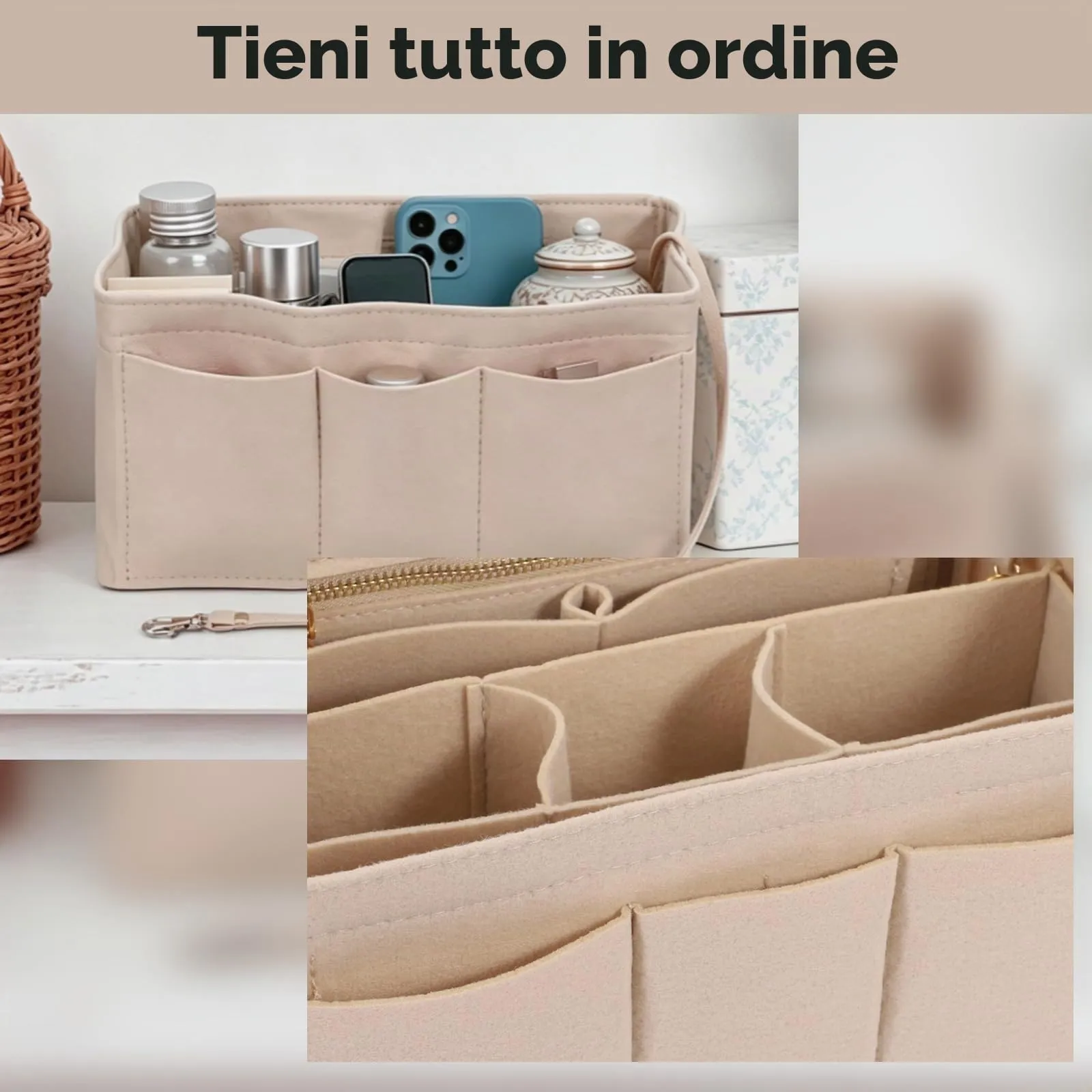 Wotrilw Feltro Organizer da Borsa, Organizzatore di Feltro, Bag in Bag con Catena Chiave, Organizzatore Leggero, con Scomparto Estraibile, Organizer da Borsa Donna - immagine 5