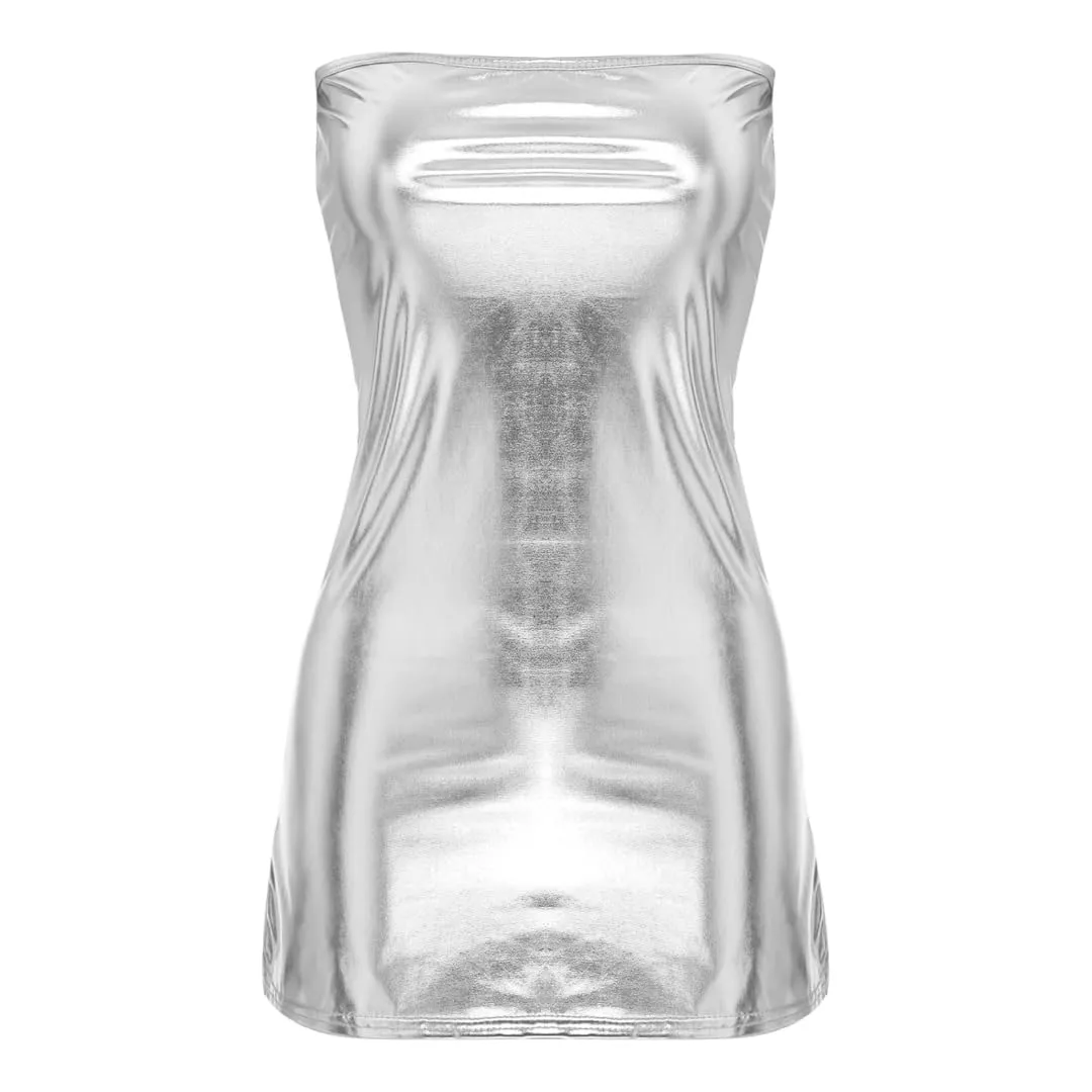 VicSec Mini abito da donna in pelle verniciata, sexy, effetto bagnato, in lattice, con scollo a V, argento, Taglia unica - immagine 6