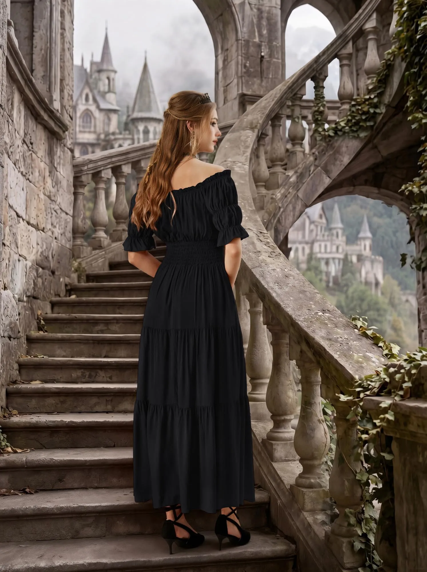 SCARLET DARKNESS, Abito da donna rinascimentale maxi, senza spalline, costume da pirata, Nero , S - immagine 4