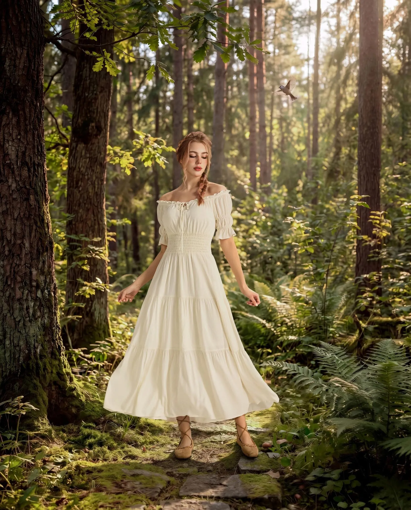 SCARLET DARKNESS Maxi abito rinascimentale da donna con spalle scoperte, Albicocca, L - immagine 2