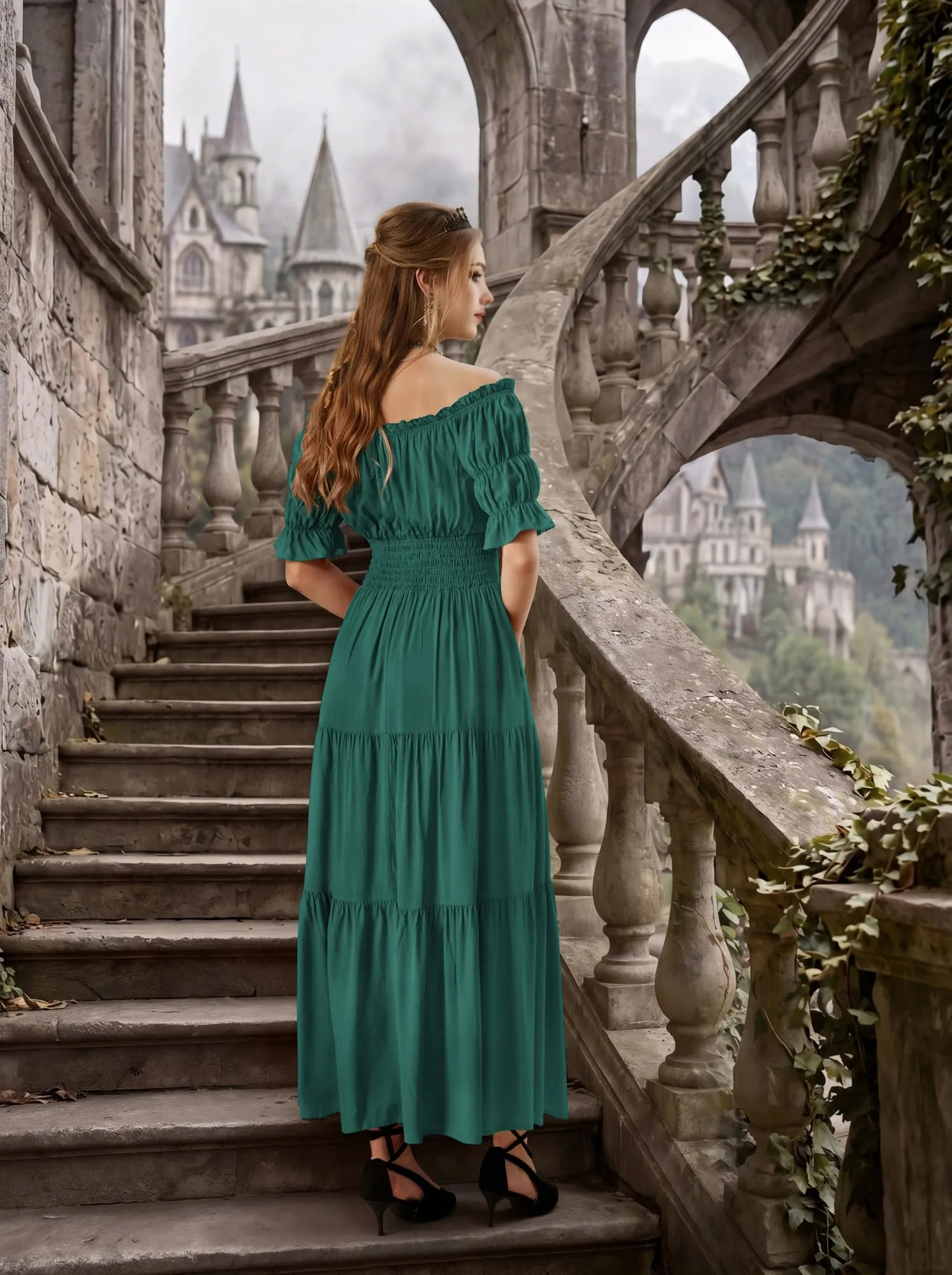 SCARLET DARKNESS, Abito da donna rinascimentale maxi, senza spalline, costume da pirata, Verde oliva, M - immagine 4