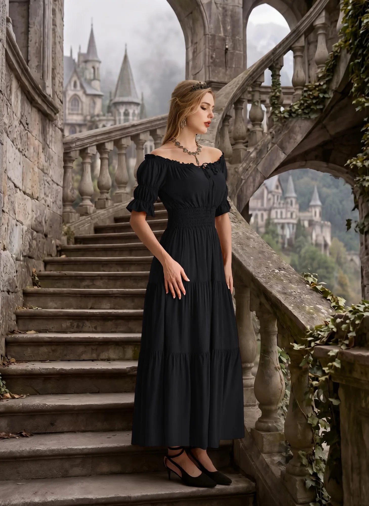 SCARLET DARKNESS - Abito lungo medievale da donna rinascimentale senza - immagine 3