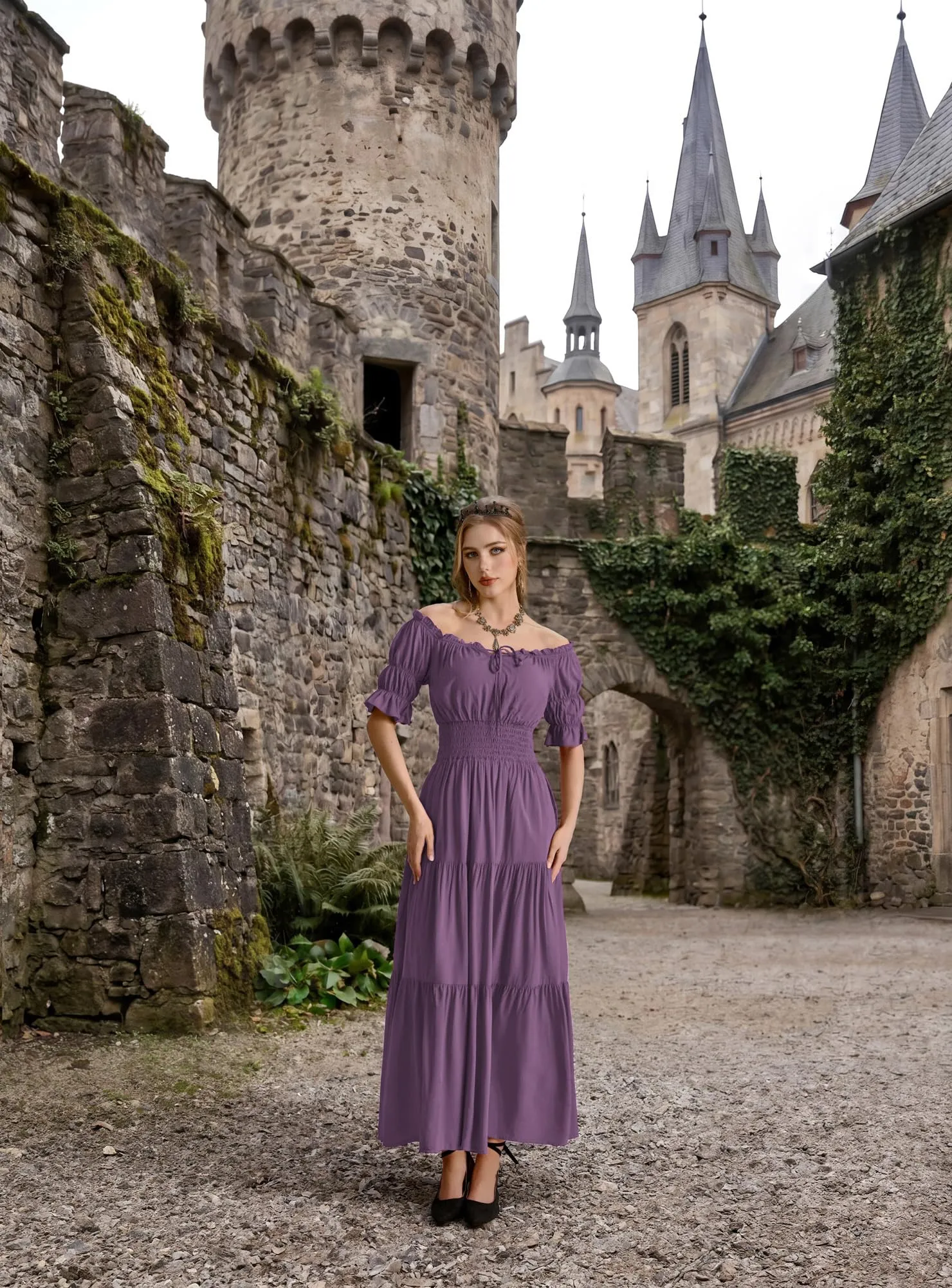 SCARLET DARKNESS Maxi abito rinascimentale da donna con spalle scoperte - immagine 5