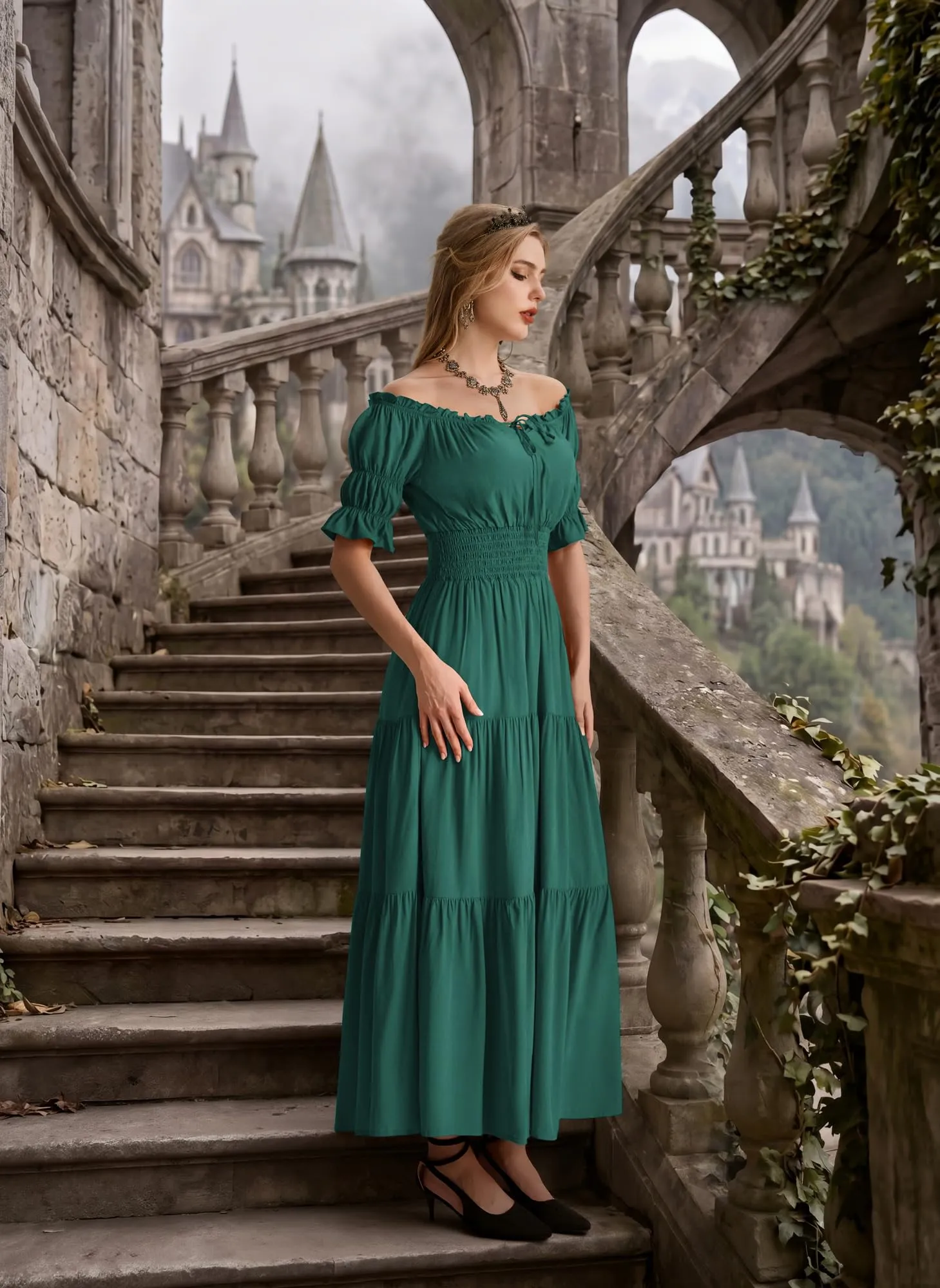 SCARLET DARKNESS Maxi abito rinascimentale da donna con spalle scoperte - immagine 3