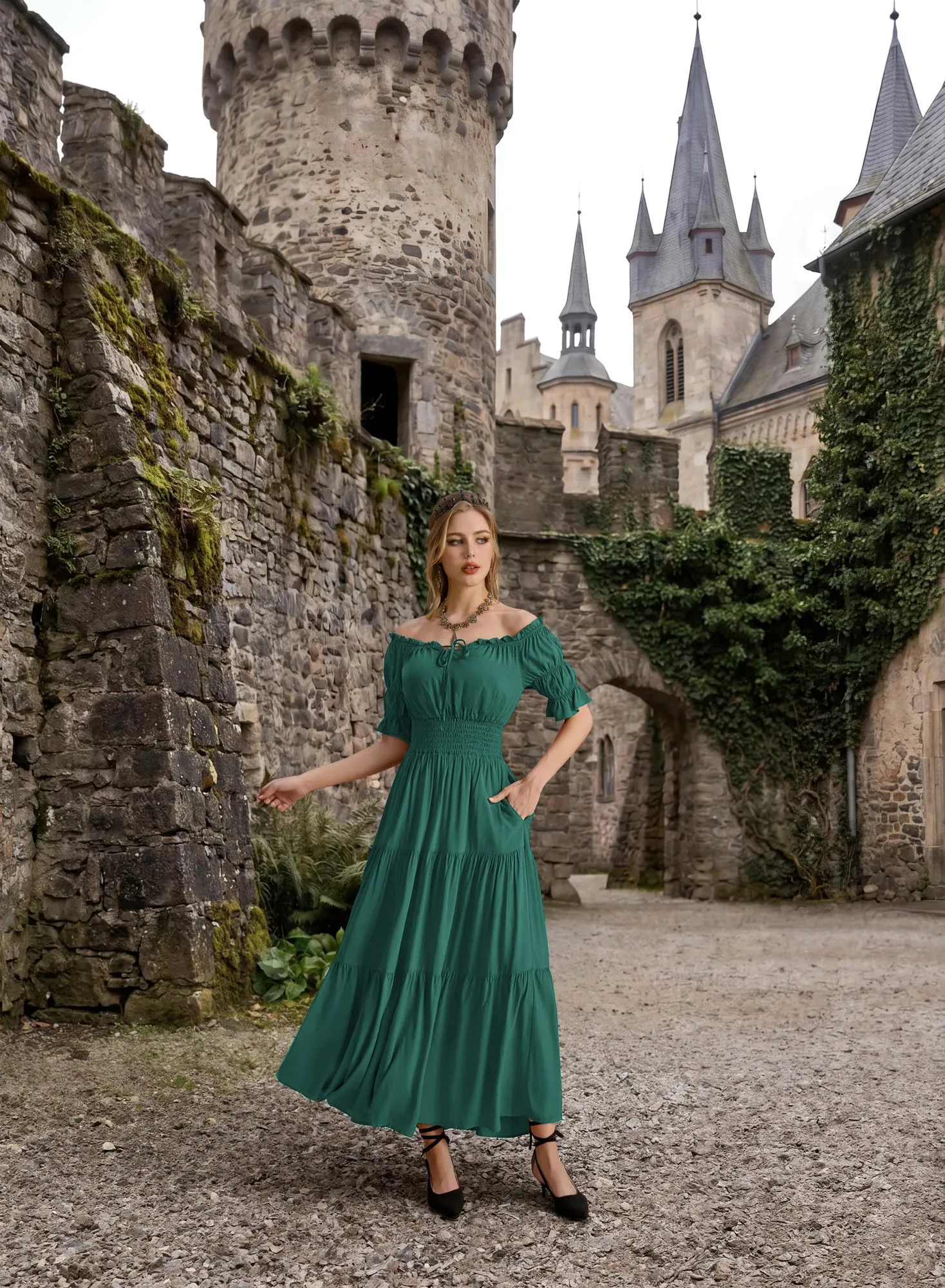 SCARLET DARKNESS Maxi abito rinascimentale da donna con spalle scoperte - immagine 6