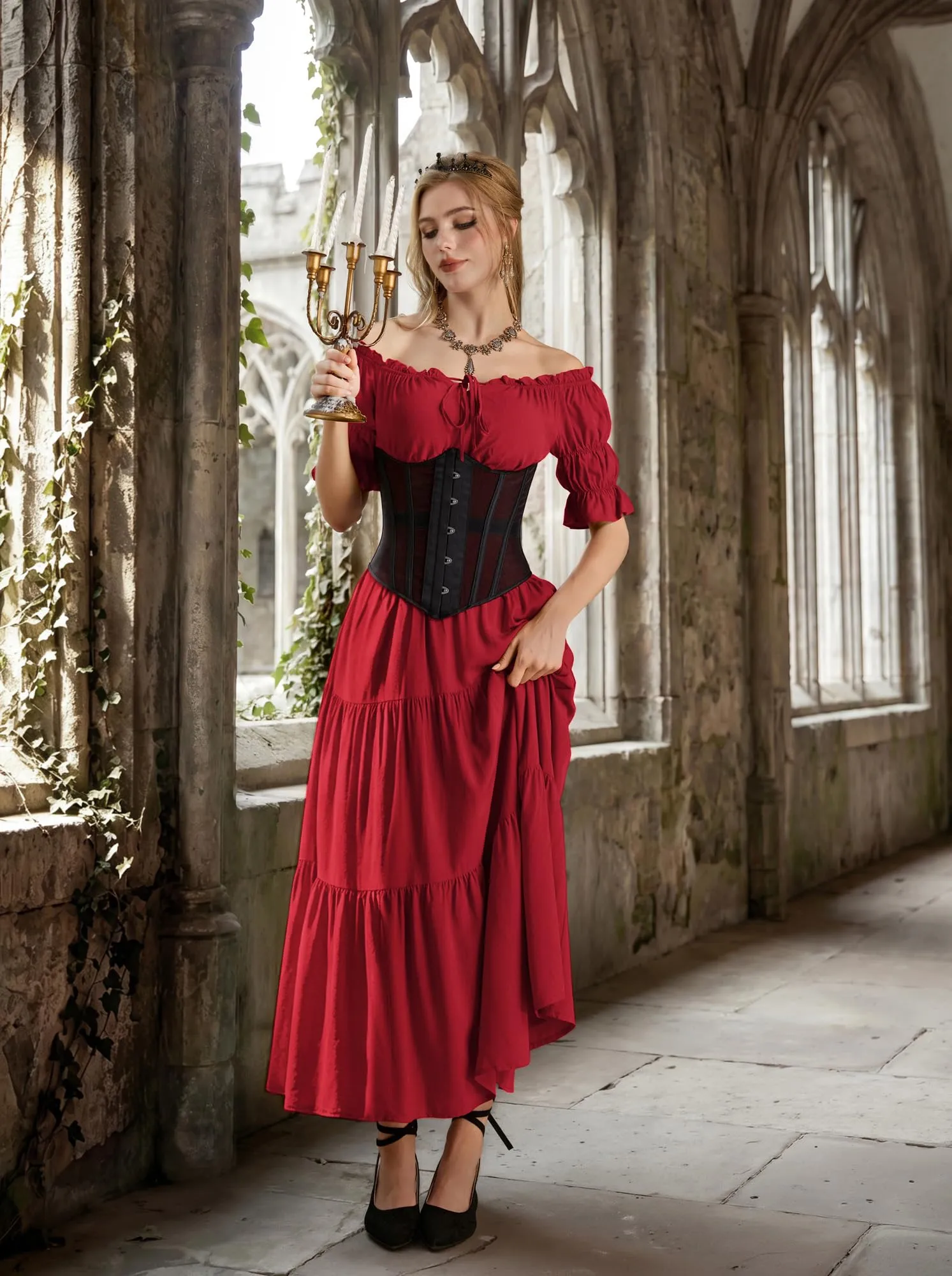 SCARLET DARKNESS, Abito da donna rinascimentale maxi, senza spalline, costume da pirata, Rosso, S - immagine 2