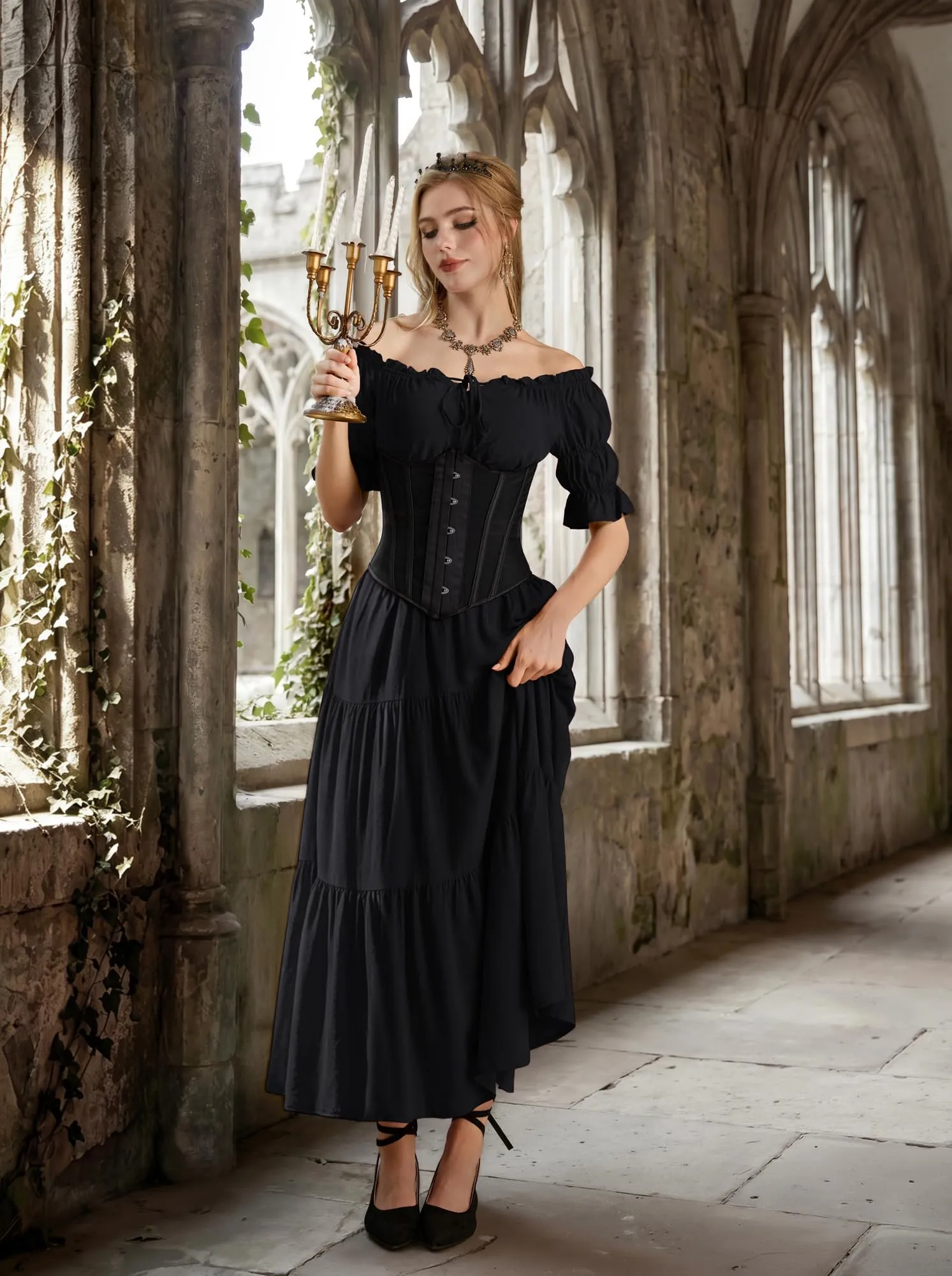 SCARLET DARKNESS Maxi abito rinascimentale da donna con spalle scoperte - immagine 2