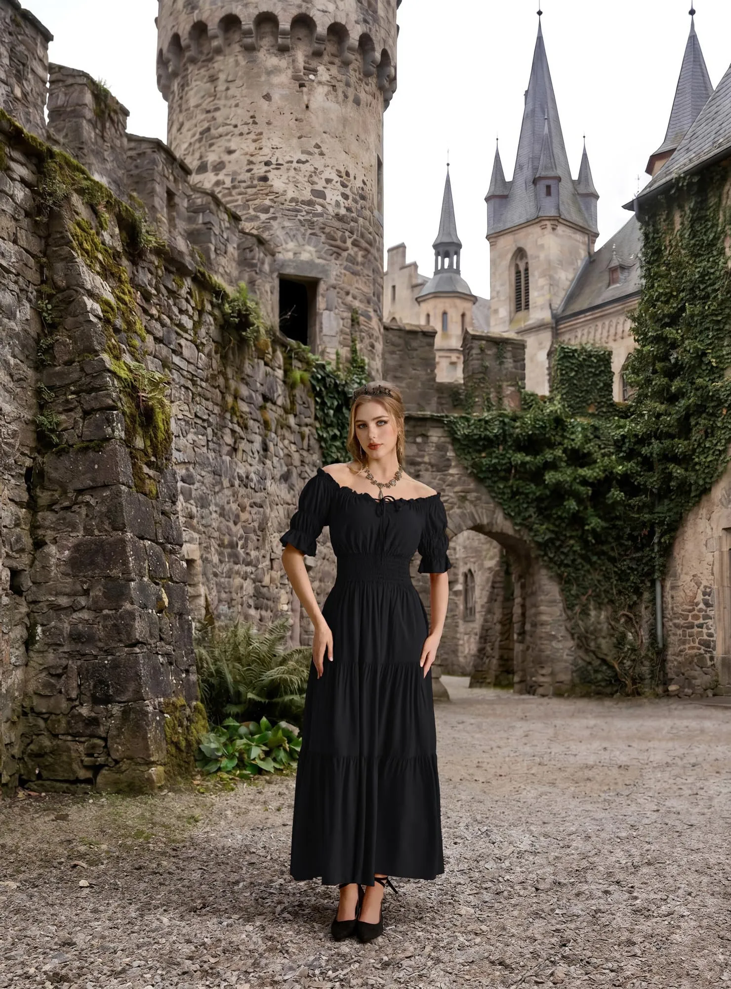 SCARLET DARKNESS Maxi abito rinascimentale da donna con spalle scoperte - immagine 5