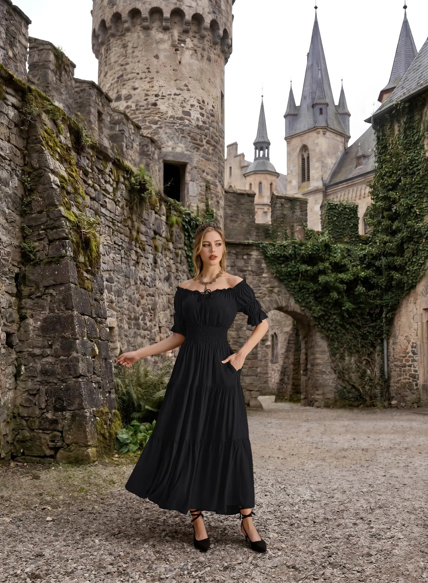 SCARLET DARKNESS Maxi abito rinascimentale da donna con spalle scoperte - immagine 6