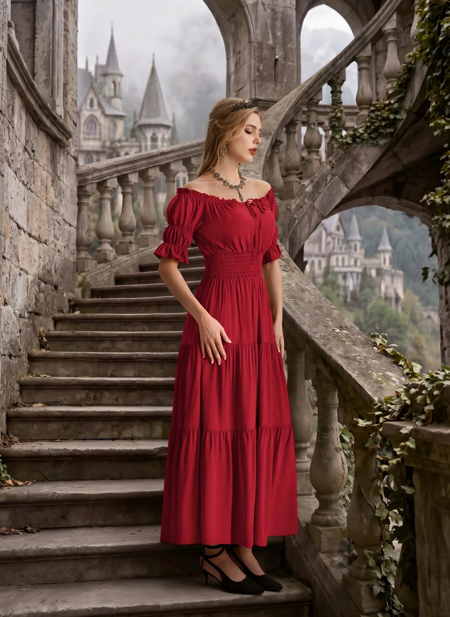 SCARLET DARKNESS Maxi abito rinascimentale da donna con spalle scoperte - immagine 3