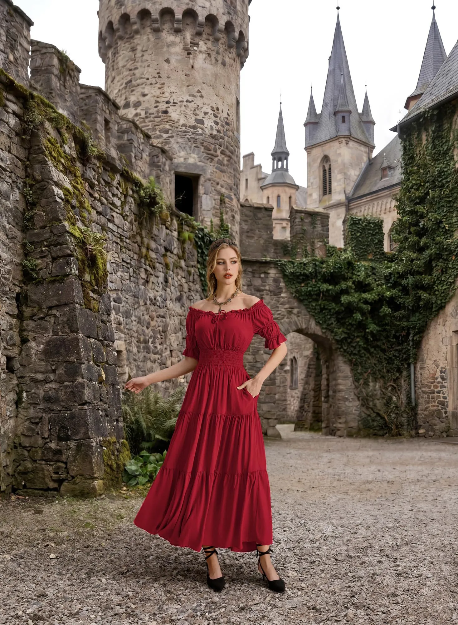 SCARLET DARKNESS Maxi abito rinascimentale da donna con spalle scoperte - immagine 6