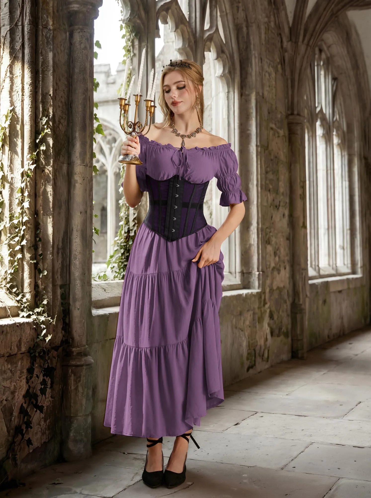SCARLET DARKNESS Maxi abito rinascimentale da donna con spalle scoperte, Grigio viola., XL - immagine 2