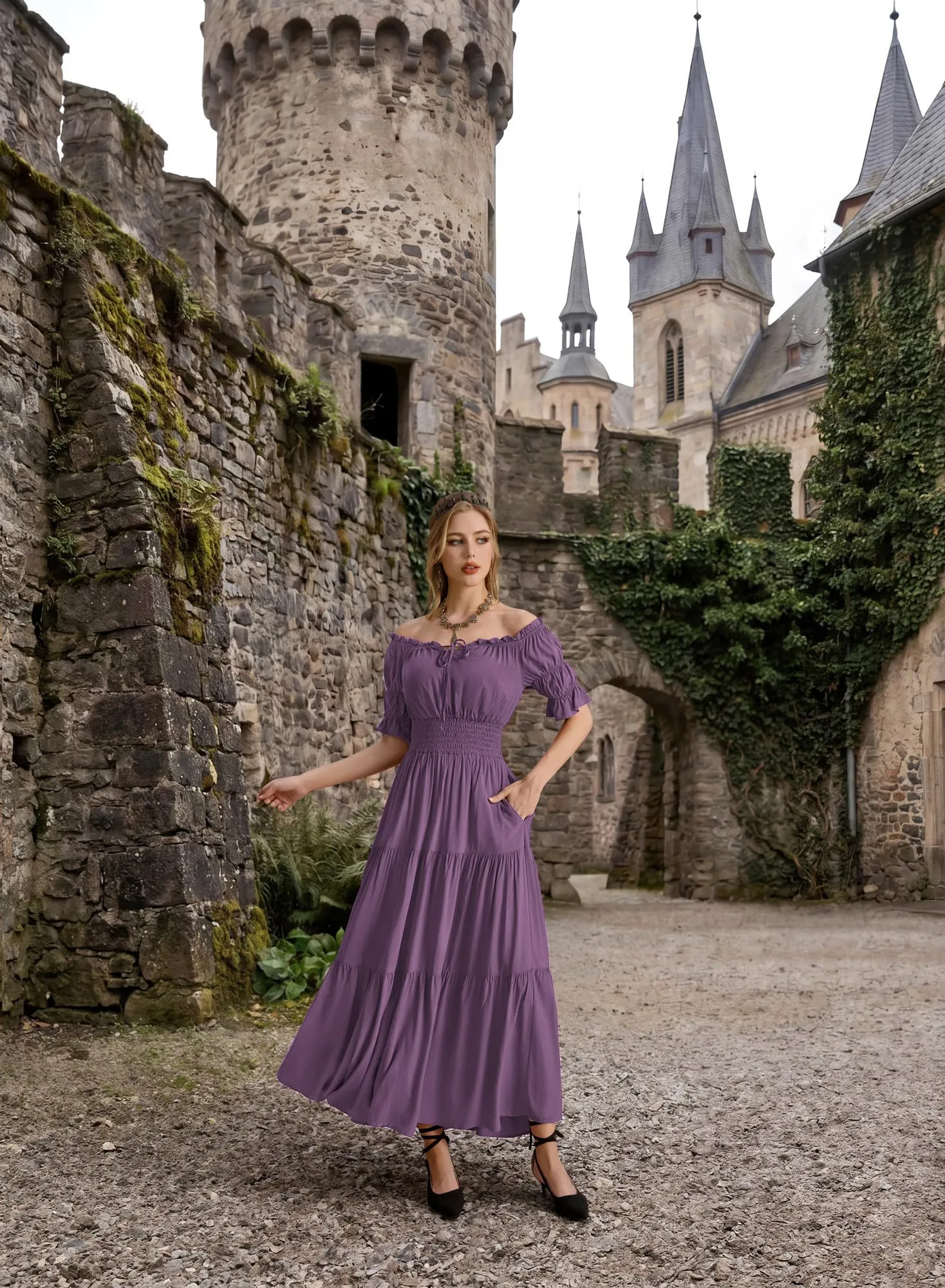SCARLET DARKNESS Maxi abito rinascimentale da donna con spalle scoperte - immagine 6