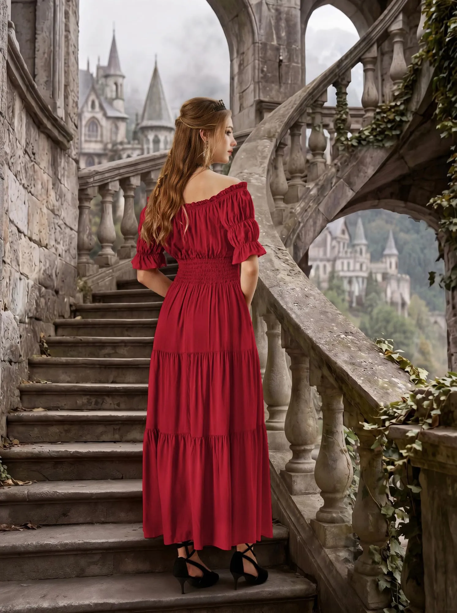 SCARLET DARKNESS Maxi abito rinascimentale da donna con spalle scoperte - immagine 4