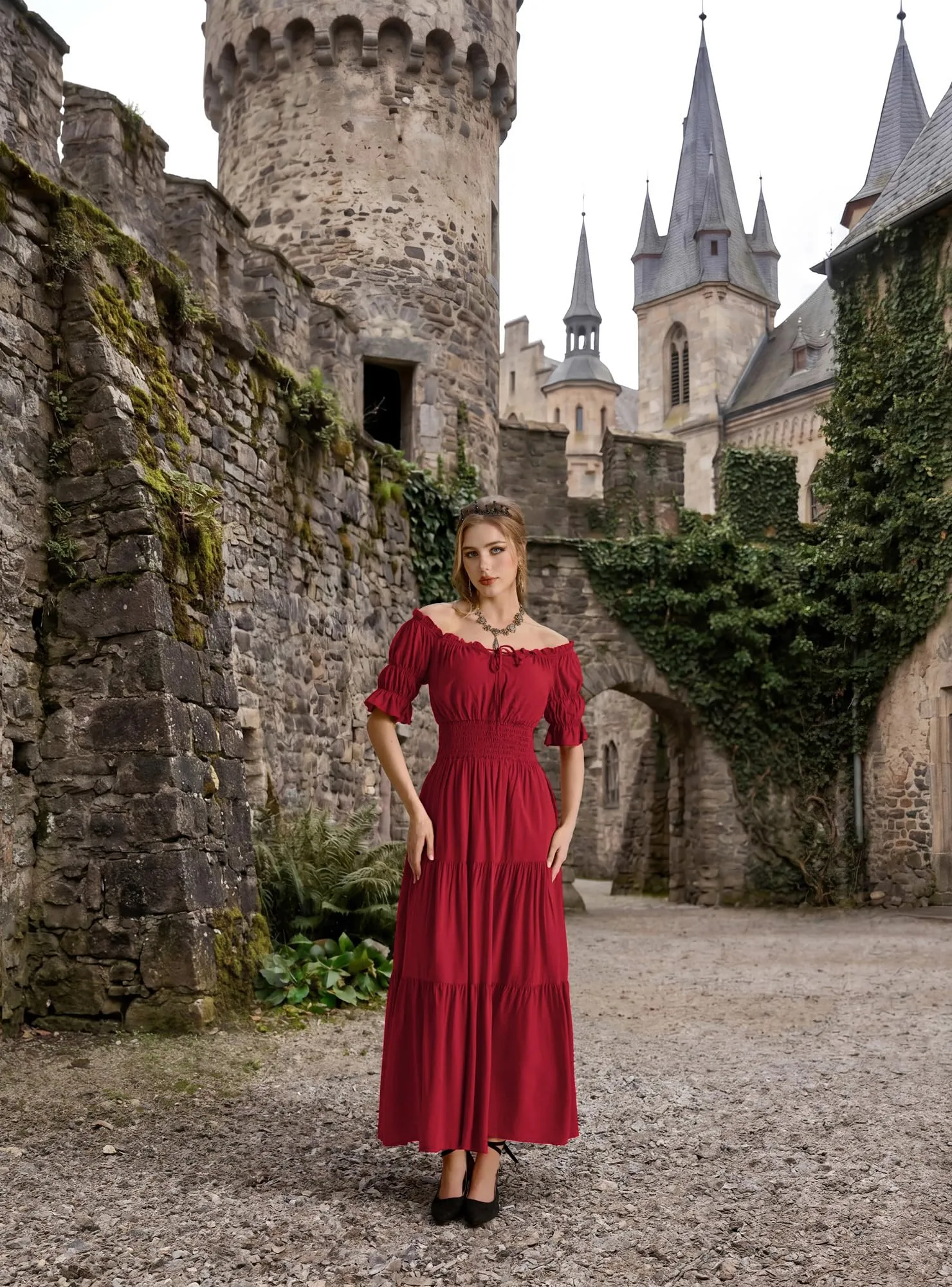 SCARLET DARKNESS Maxi abito rinascimentale da donna con spalle scoperte - immagine 5