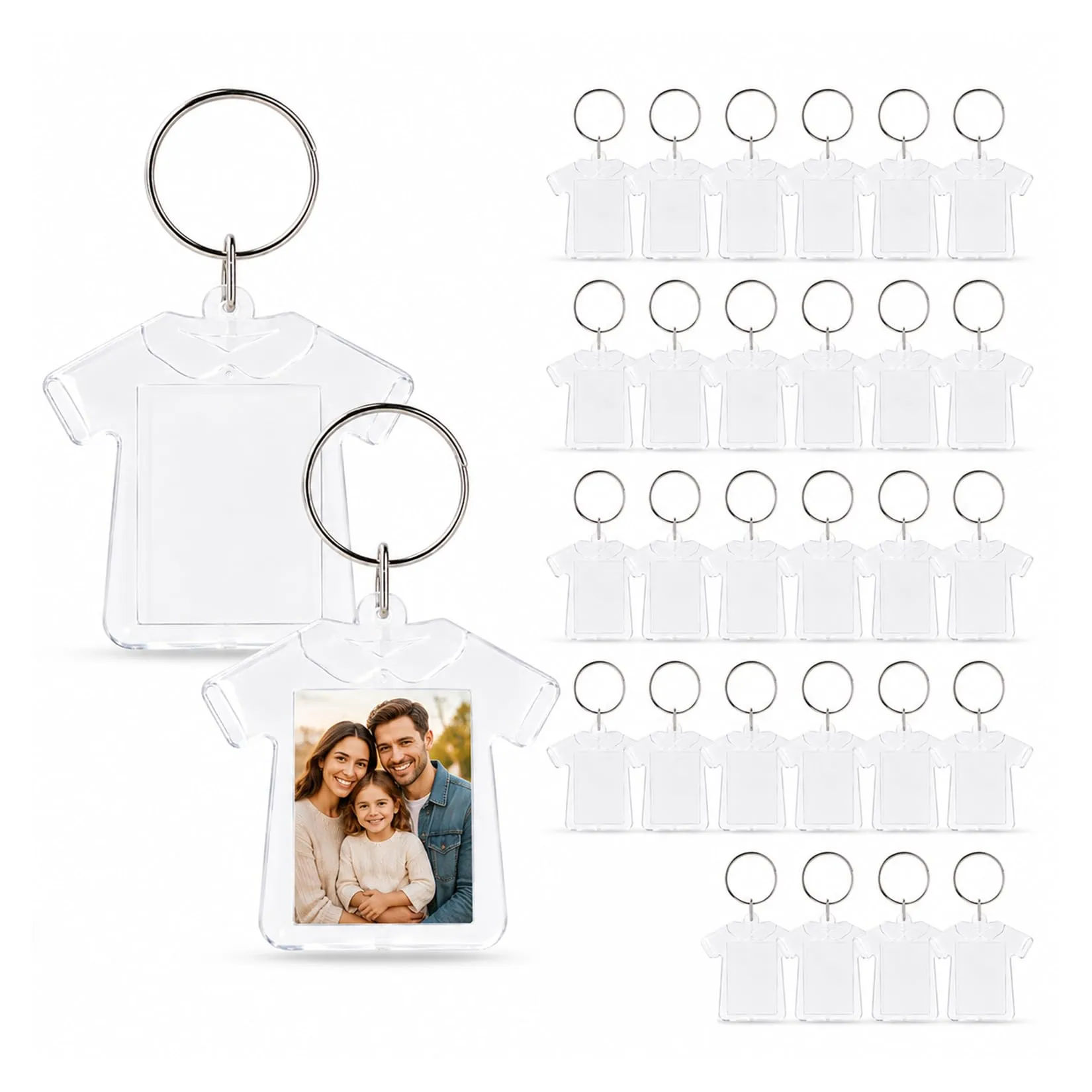 30 Pz Portachiavi Foto Acrilico, Portachiavi Trasparenti, Portachiavi con Foto Trasparenti in Acrilico con Anelli per Fai Da Te Artigianato Famiglia Amici Regali Fotografico (Forma a maglietta) - immagine 1