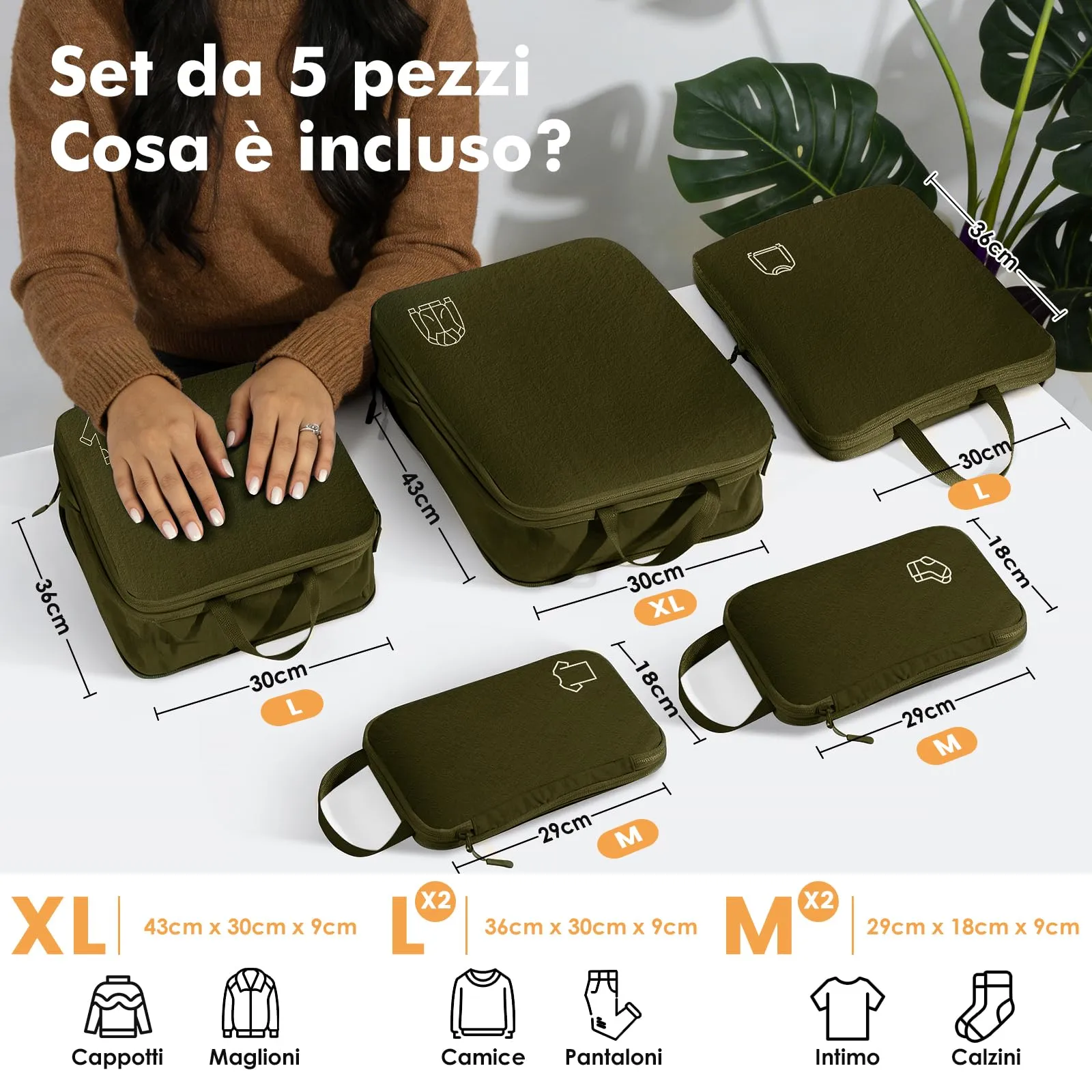 Organizer Valigia,Cubi Compressione Packing Cubes Compression,Organizzatori Valigia Viaggio Compressione, Nylon Organizer Valigie Set,Accessori Viaggio Utili Verde oliva - immagine 5