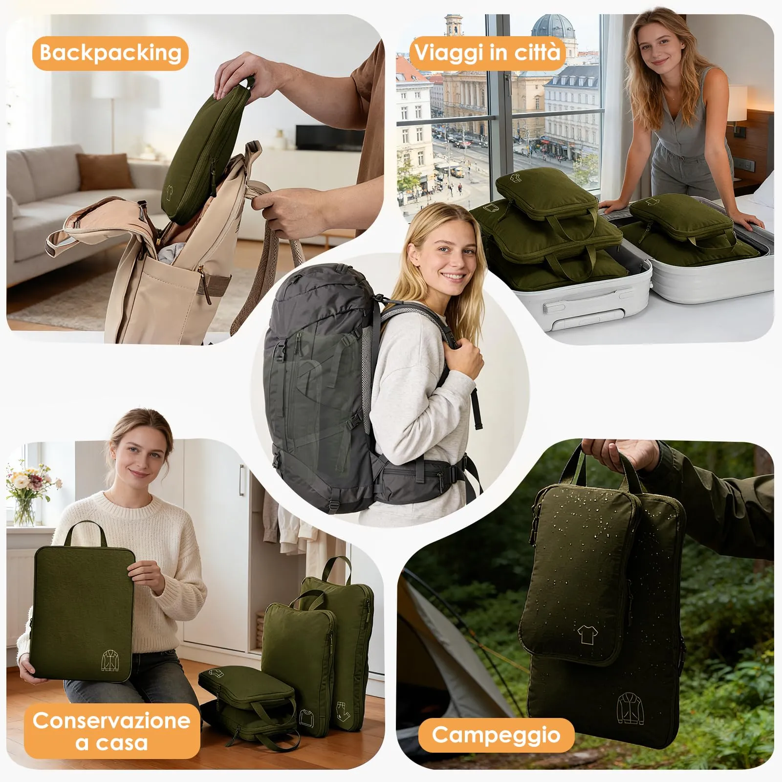 Organizer Valigia,Cubi Compressione Packing Cubes Compression,Organizzatori Valigia Viaggio Compressione, Nylon Organizer Valigie Set,Accessori Viaggio Utili Verde oliva - immagine 7