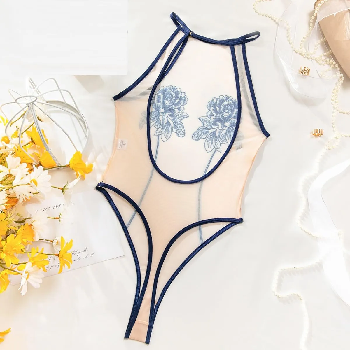 YISENJEE Intimo Donna Sexyhot Aperto Body Trasparente In Rete Ultra Sottile Body Sexy Senza Schienale Da Donna Blu S - immagine 3