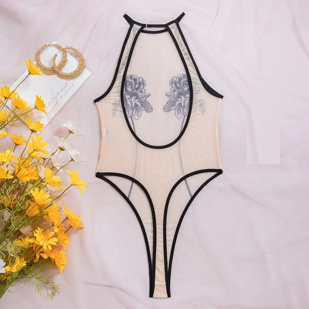 YISENJEE Body Body Trasparente Ultra Sottile In Rete Stampata Body Sexy Senza Schienale Da Donna Nero XL - immagine 4