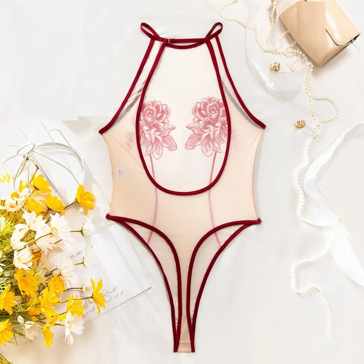 YISENJEE Intimo Donna Body Trasparente Ultra Sottile In Rete Stampata Body Sexy Senza Schienale Da Donna Bordeaux L - immagine 3