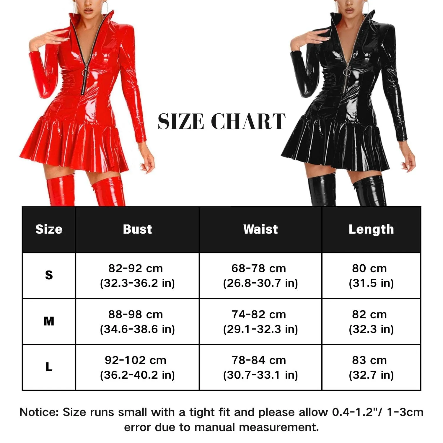 ROSVAJFY Vestito Sexy Wetlook da Donna Vestito in Ecopelle Lucida con Cerniera Maniche Lunghe Brillante Abbigliamento da Club in Lattice Abito A Ruota Aderente Miniabito Corto (Nero, S) - immagine 7