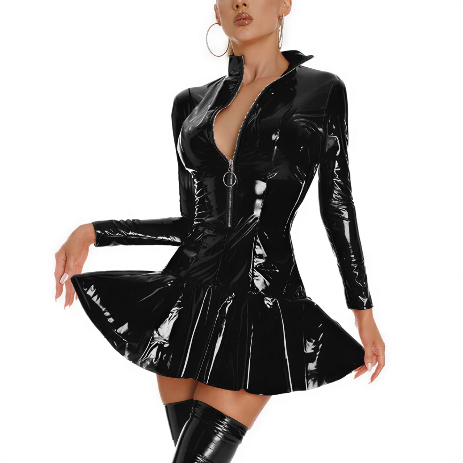 ROSVAJFY Vestito Sexy Wetlook da Donna Vestito in Ecopelle Lucida con Cerniera Maniche Lunghe Brillante Abbigliamento da Club in Lattice Abito A Ruota Aderente Miniabito Corto (Nero, M) - immagine 2