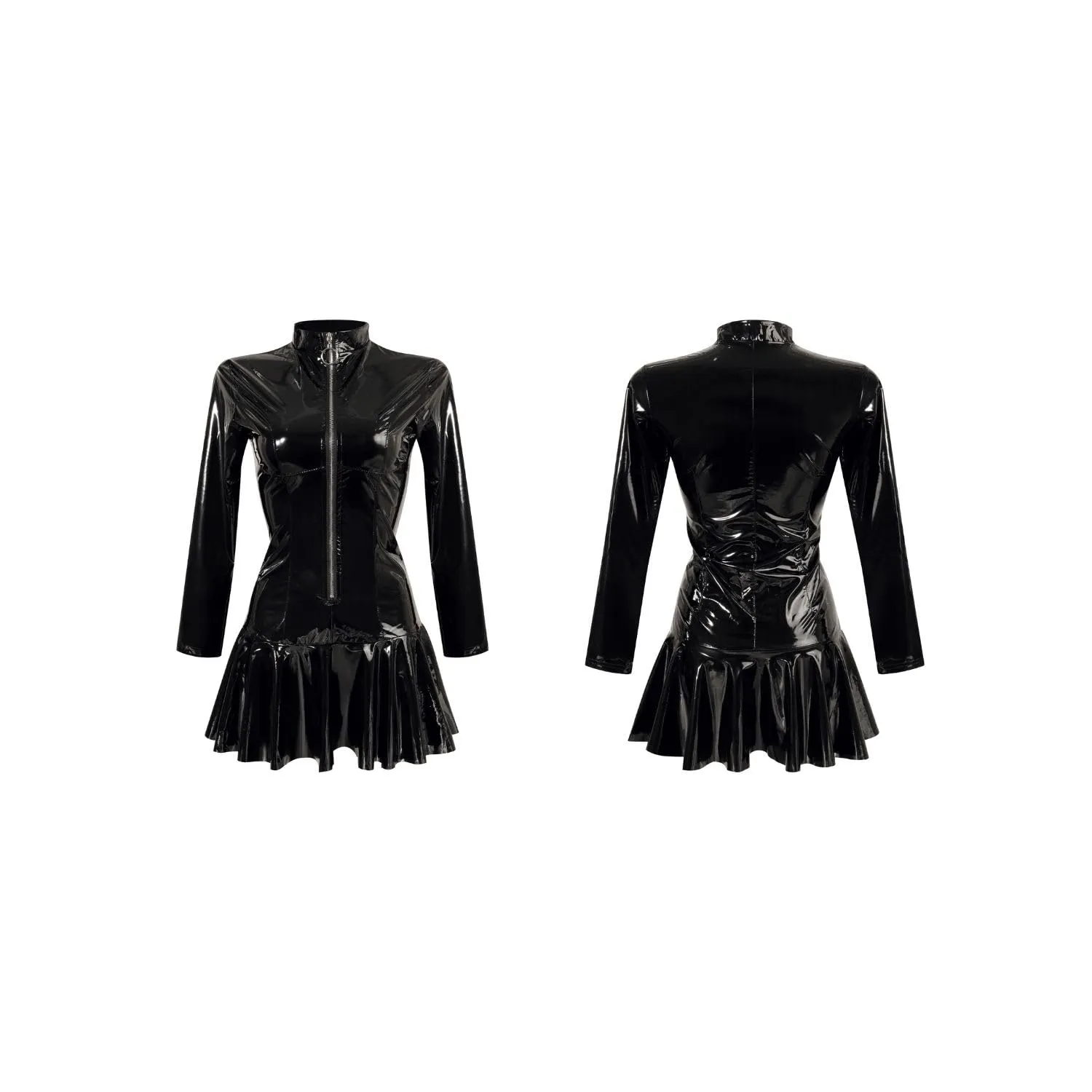 ROSVAJFY Vestito Sexy Wetlook da Donna Vestito in Ecopelle Lucida con Cerniera Maniche Lunghe Brillante Abbigliamento da Club in Lattice Abito A Ruota Aderente Miniabito Corto (Nero, M) - immagine 8