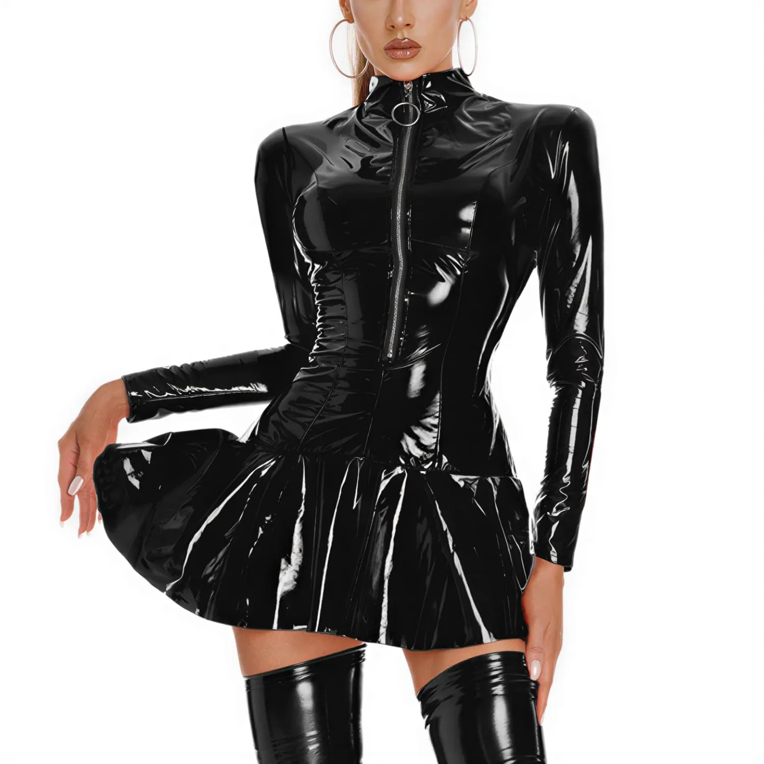 ROSVAJFY Vestito Sexy Wetlook da Donna Vestito in Ecopelle Lucida con Cerniera Maniche Lunghe Brillante Abbigliamento da Club in Lattice Abito A Ruota Aderente Miniabito Corto (Nero, L) - immagine 4