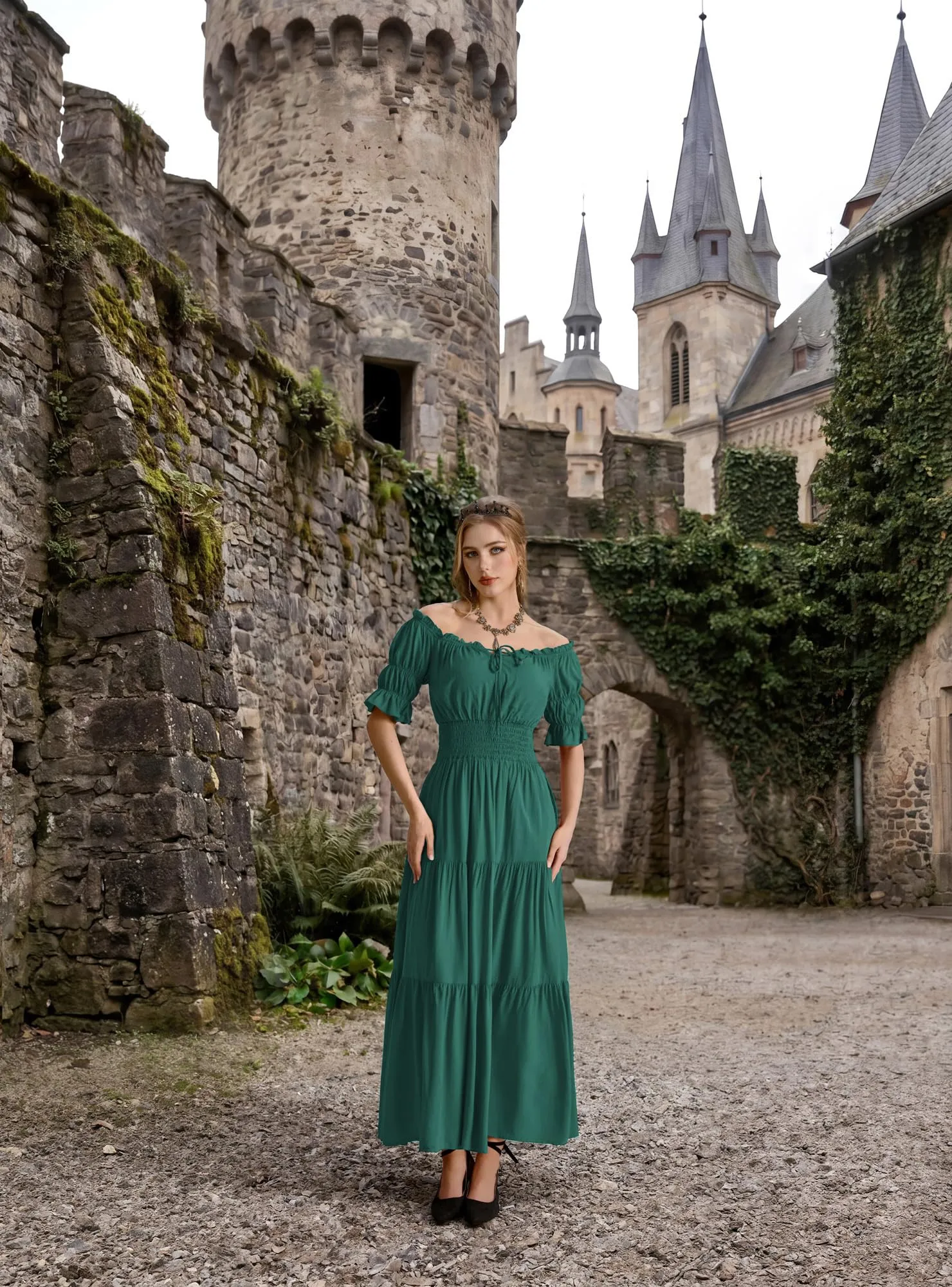 SCARLET DARKNESS Maxi abito rinascimentale da donna con spalle scoperte - immagine 5