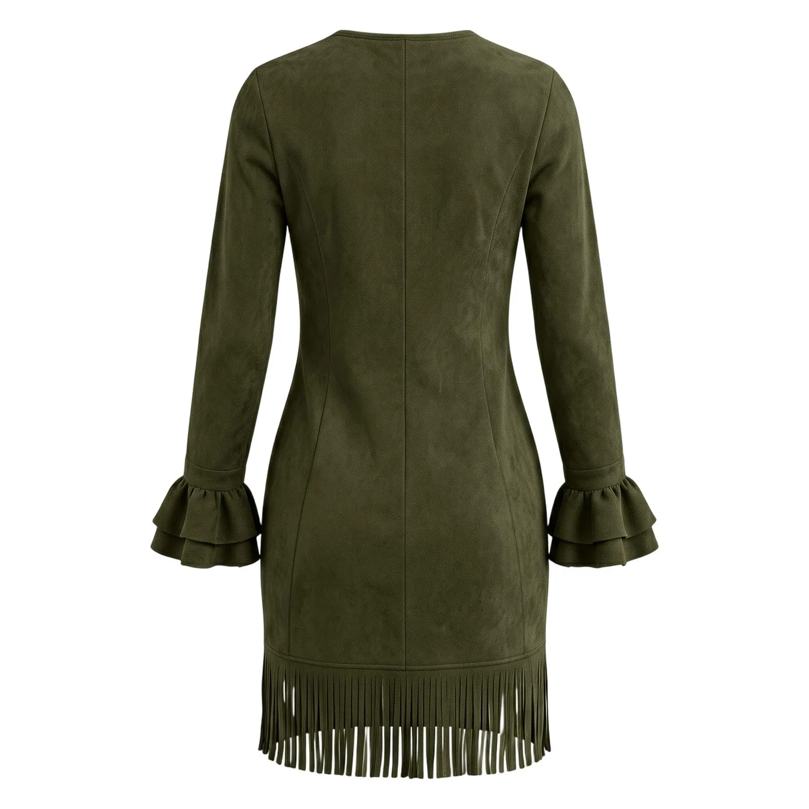 Generisch Abito vintage da donna in finta pelle scamosciata con frange, scollo a V profondo, aderente, a maniche lunghe, con nappa e bottoni, stile occidentale, camoscio, tempo libero, feste, verde - immagine 6