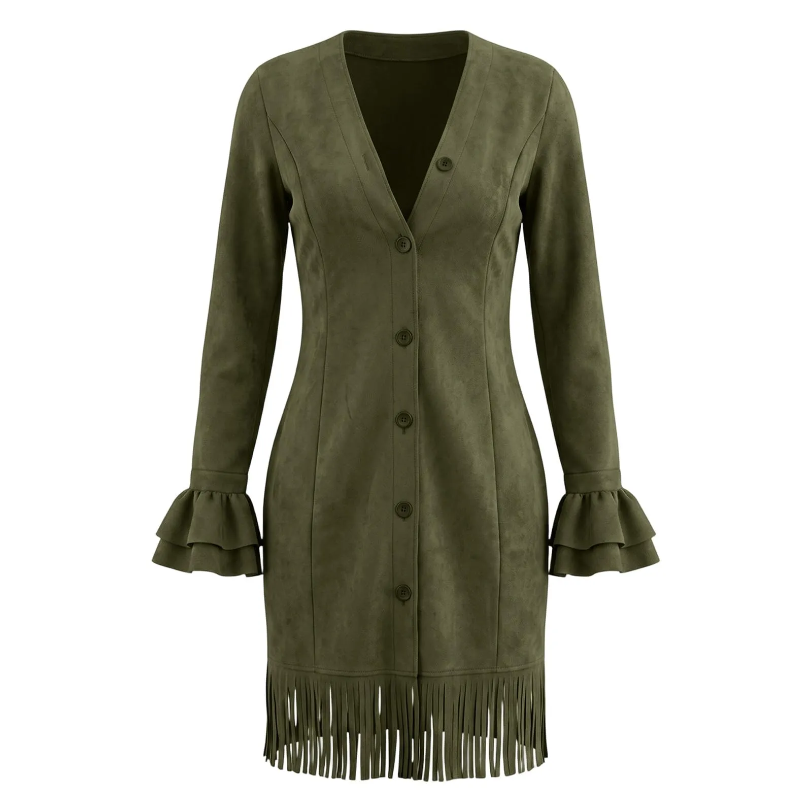 Generisch Abito vintage da donna in finta pelle scamosciata con frange, scollo a V profondo, aderente, a maniche lunghe, con nappa e bottoni, stile occidentale, camoscio, tempo libero, feste, verde - immagine 5