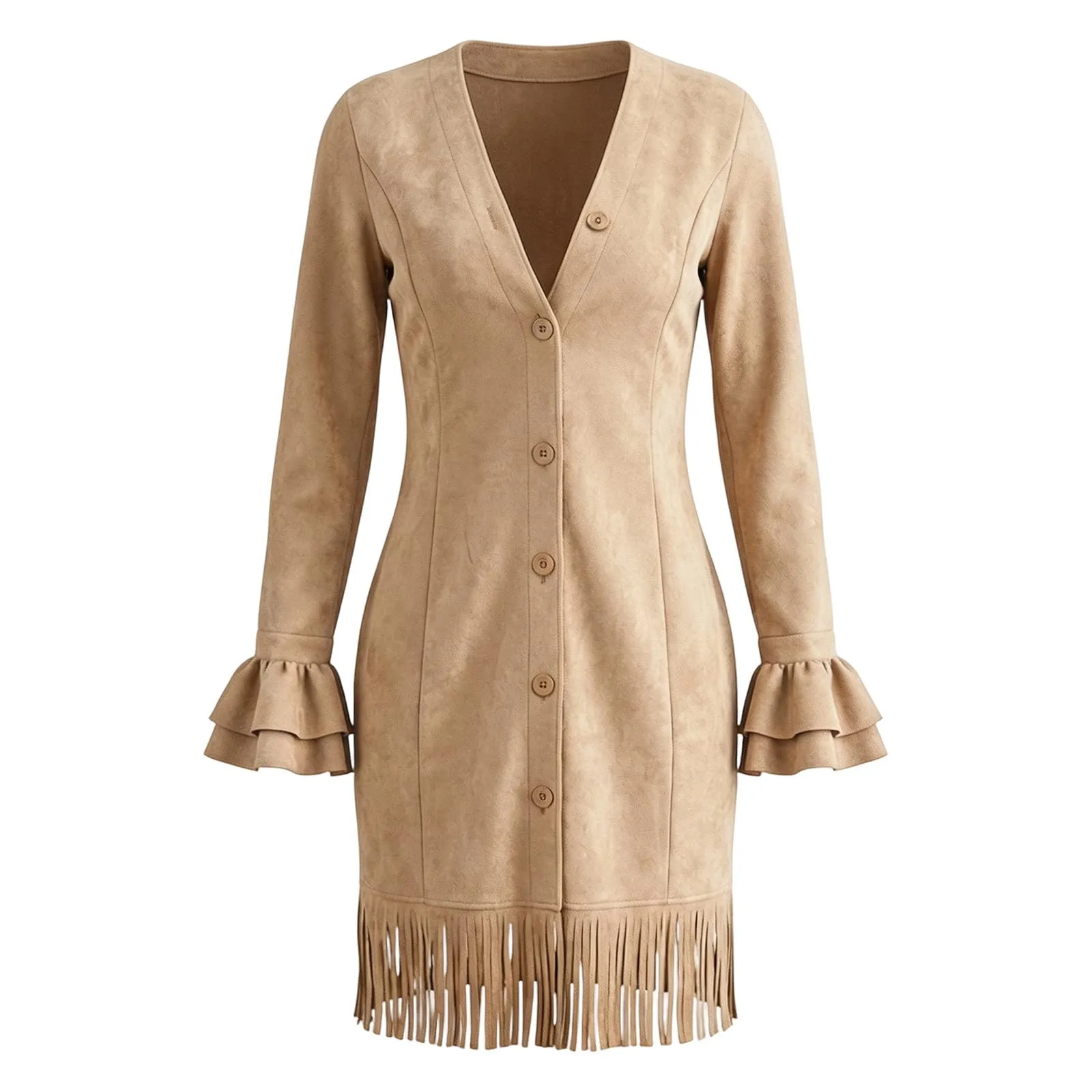 Generisch Abito vintage da donna in finta pelle scamosciata con frange, scollo a V profondo, aderente, a maniche lunghe, con nappa e bottoni, stile occidentale, camoscio, tempo libero, feste, cachi, M - immagine 5