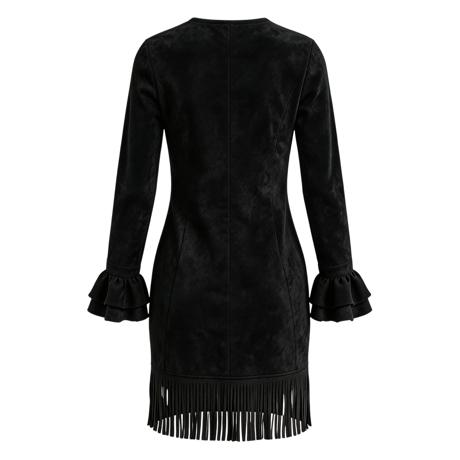 Generisch Abito vintage da donna in finta pelle scamosciata con frange, scollo a V profondo, aderente, a maniche lunghe, con nappa e bottoni, stile occidentale, camoscio, tempo libero, feste, Nero - immagine 6