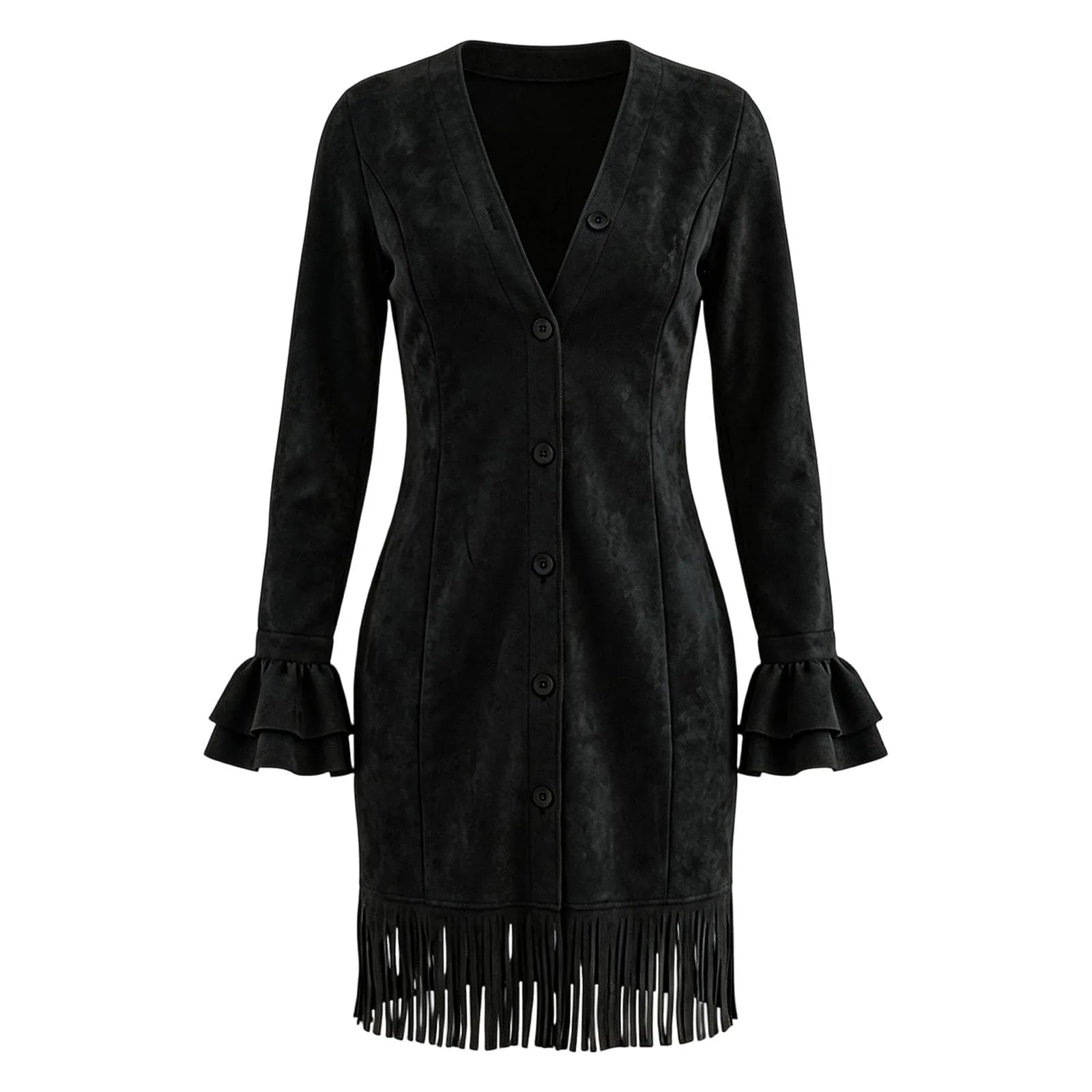 Generisch Abito vintage da donna in finta pelle scamosciata con frange, scollo a V profondo, aderente, a maniche lunghe, con nappa e bottoni, stile occidentale, camoscio, tempo libero, feste, Nero - immagine 5