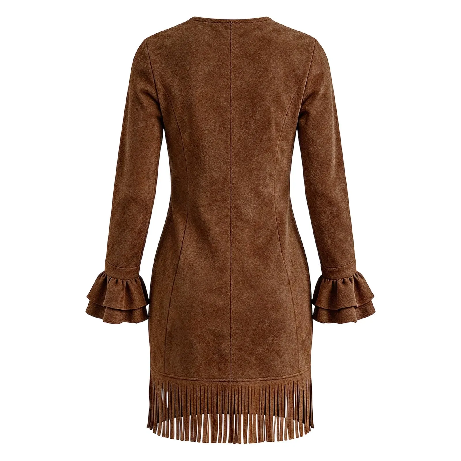 Generisch Abito vintage da donna in finta pelle scamosciata con frange, scollo a V profondo, aderente, a maniche lunghe, con nappa e bottoni, stile occidentale, camoscio, tempo libero, feste, marrone - immagine 6