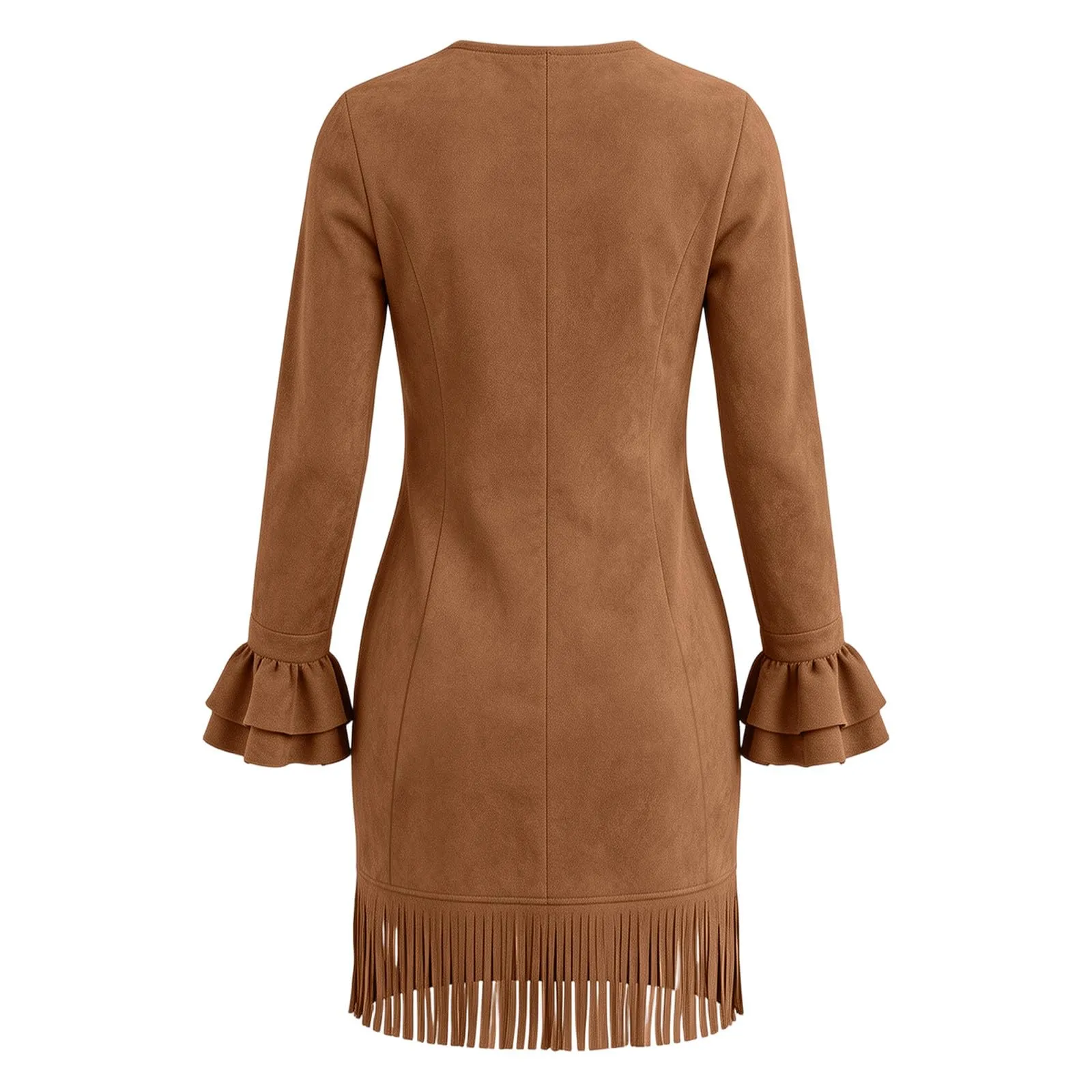 Generisch Abito vintage da donna in finta pelle scamosciata con frange, scollo a V profondo, aderente, a maniche lunghe, con nappa e bottoni, stile occidentale, camoscio, tempo libero, feste, gold - immagine 6