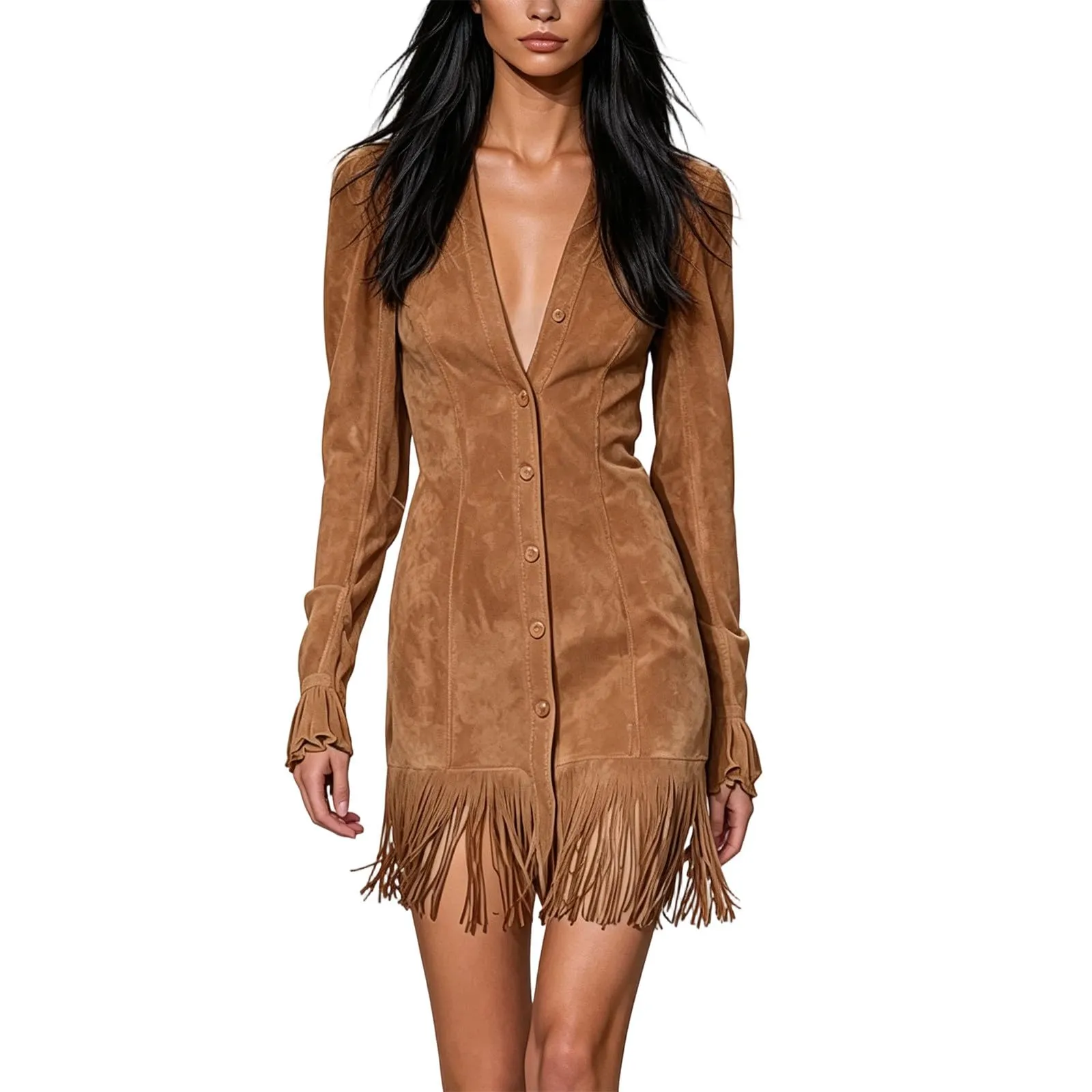 Generisch Abito vintage da donna in finta pelle scamosciata con frange, scollo a V profondo, aderente, a maniche lunghe, con nappa e bottoni, stile occidentale, camoscio, tempo libero, feste, gold, XL - immagine 1