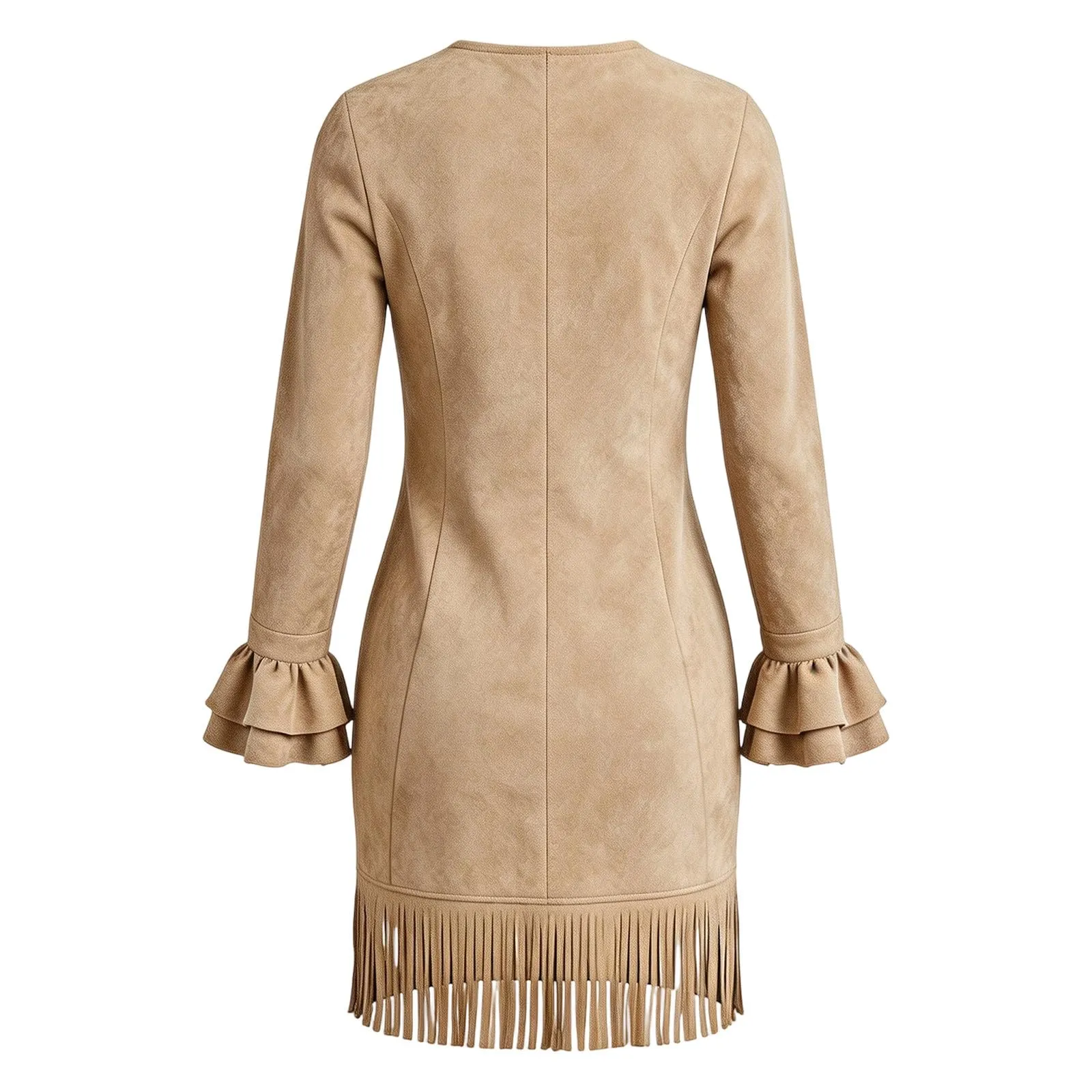 Generisch Abito vintage da donna in finta pelle scamosciata con frange, scollo a V profondo, aderente, a maniche lunghe, con nappa e bottoni, stile occidentale, camoscio, tempo libero, feste, cachi - immagine 6
